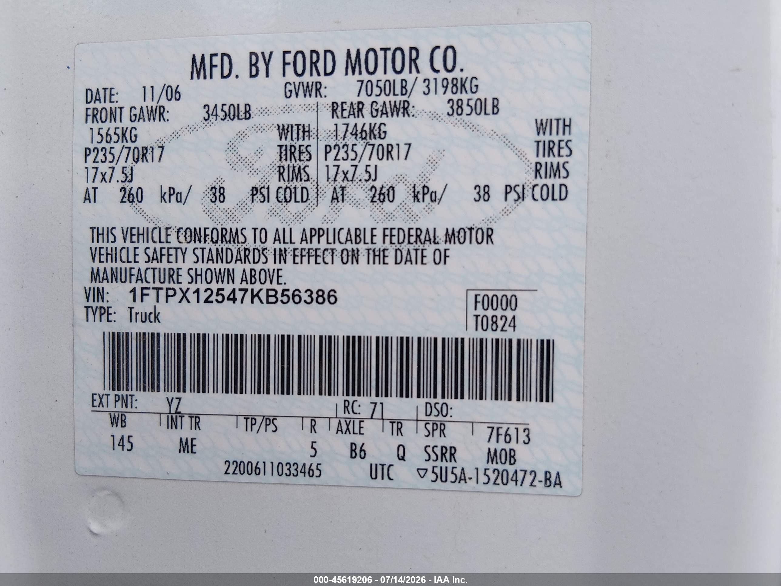 2007 Ford F-150 Lariat/stx/xl/xlt White vin: 1FTPX12547KB56386