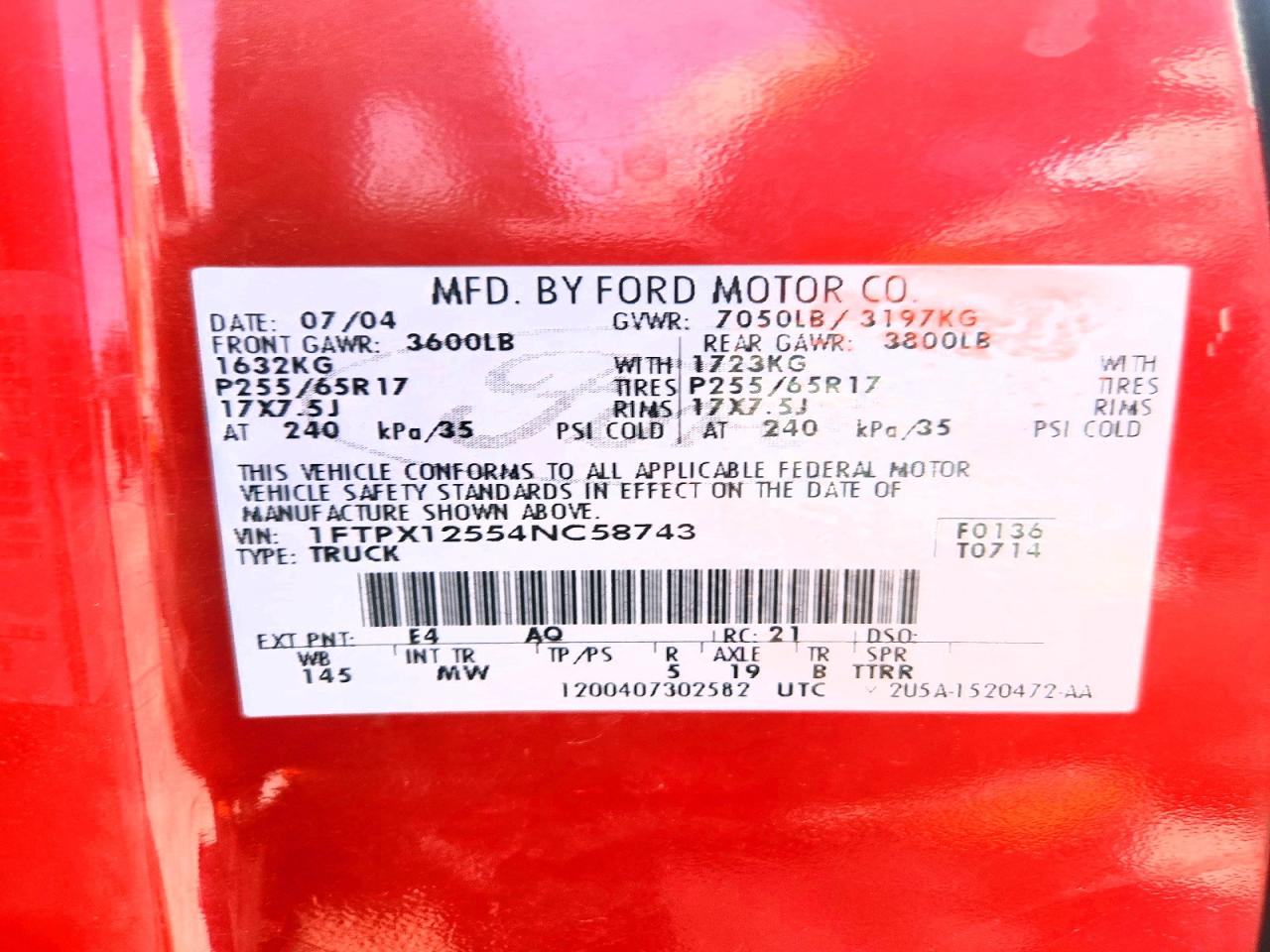 2004 Ford Lgt Conventl Red vin: 1FTPX12554NC58743