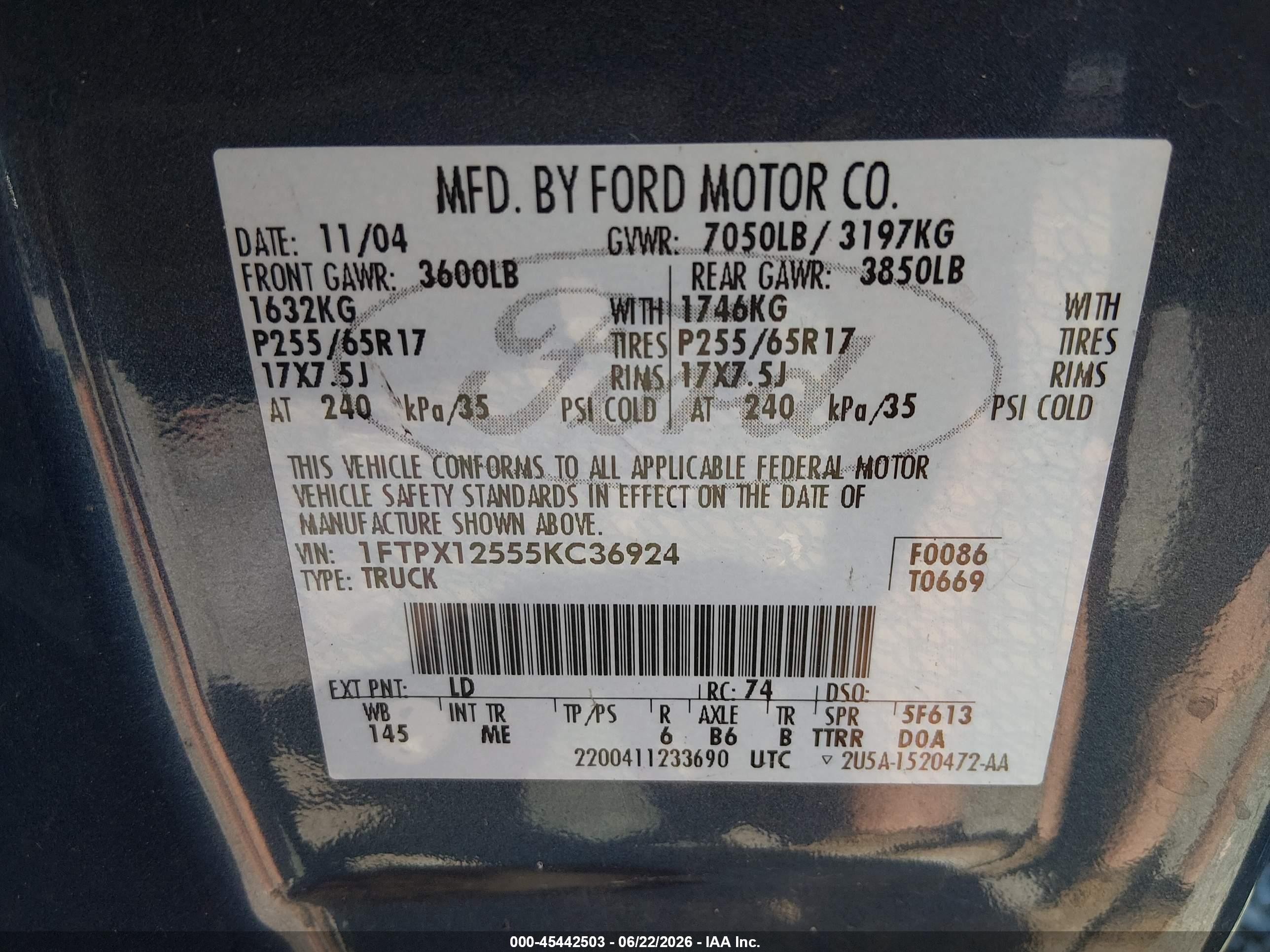 2005 Ford F-150 Lariat/xl/xlt Blue vin: 1FTPX12555KC36924