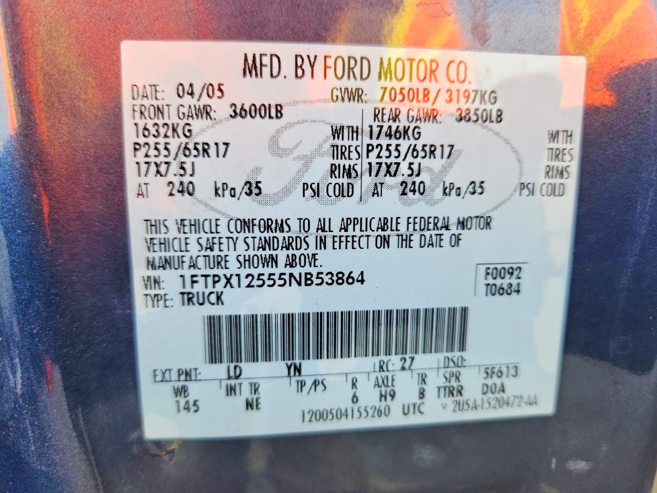 2005 Ford F150 Blue vin: 1FTPX12555NB53864