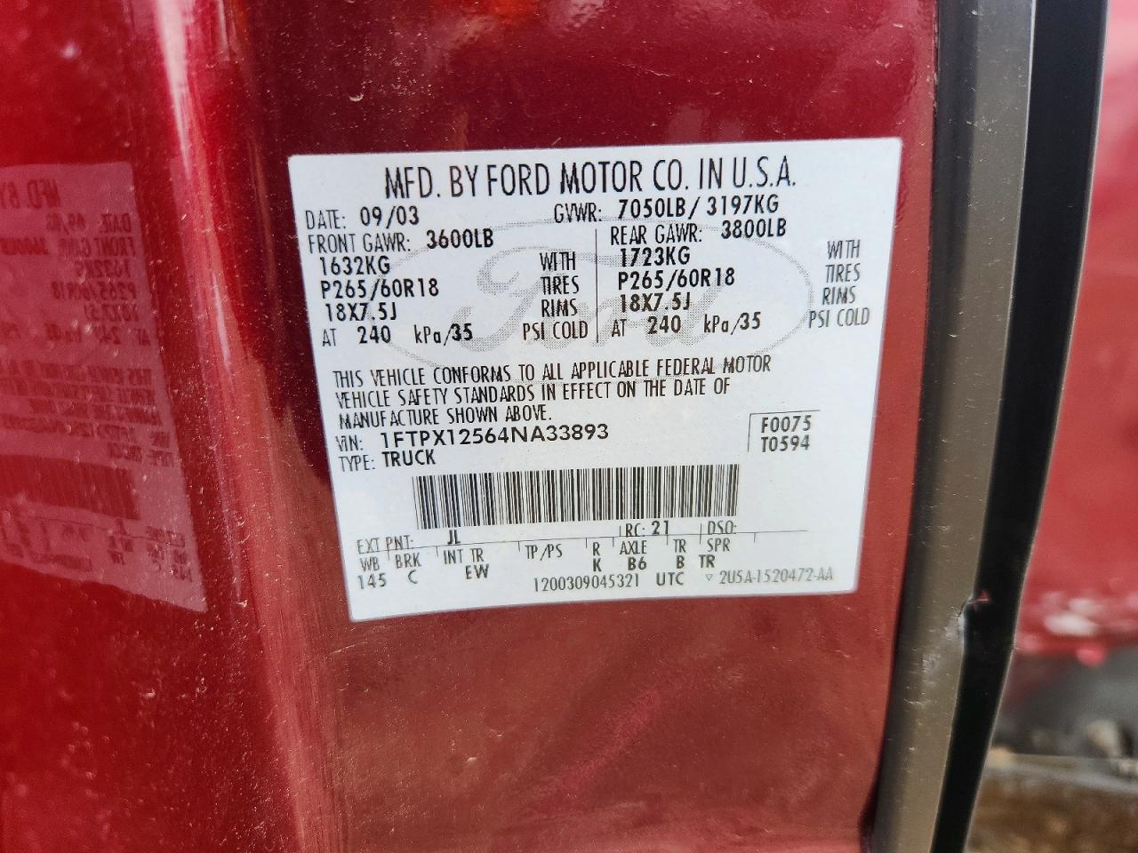 2004 Ford F150 Burgundy vin: 1FTPX12564NA33893