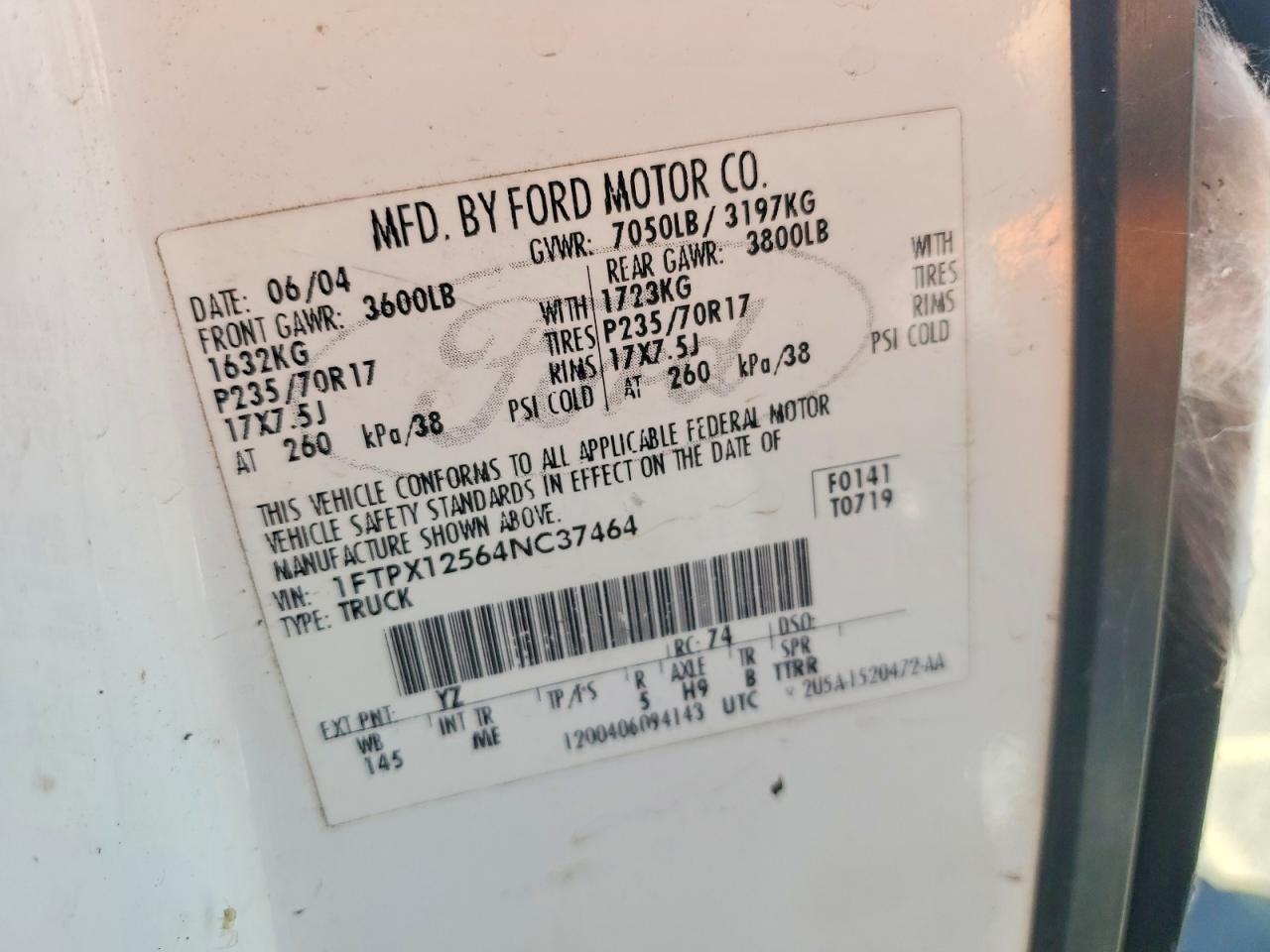 2004 Ford F150 White vin: 1FTPX12564NC37464