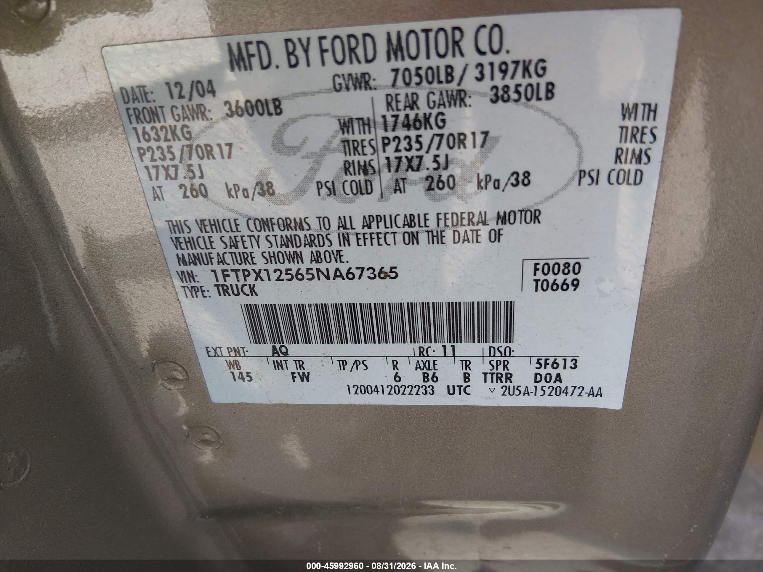 2005 Ford F-150 Lariat/xl/xlt Желто-коричневый vin: 1FTPX12565NA67365