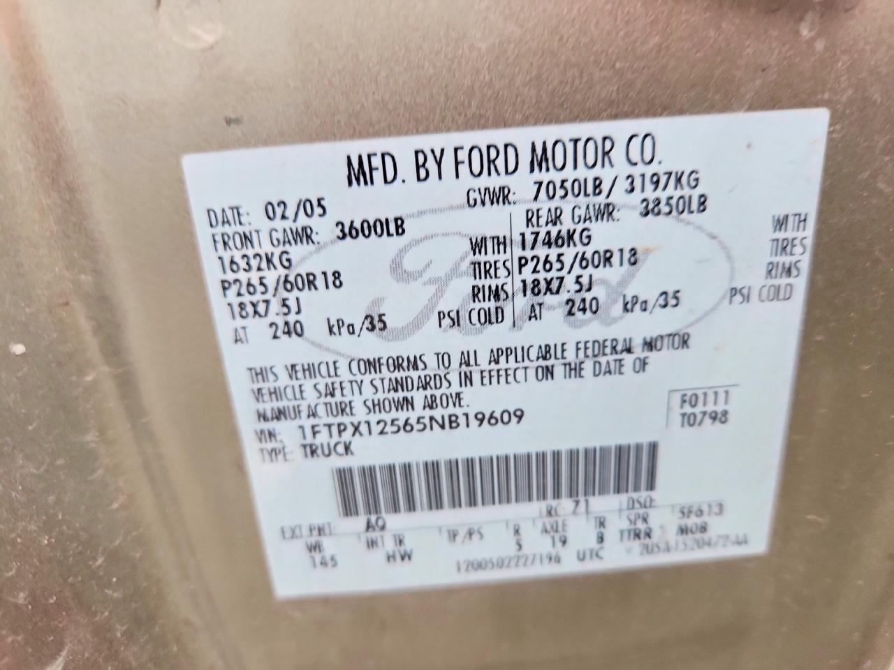 2005 Ford F150 Tan vin: 1FTPX12565NB19609