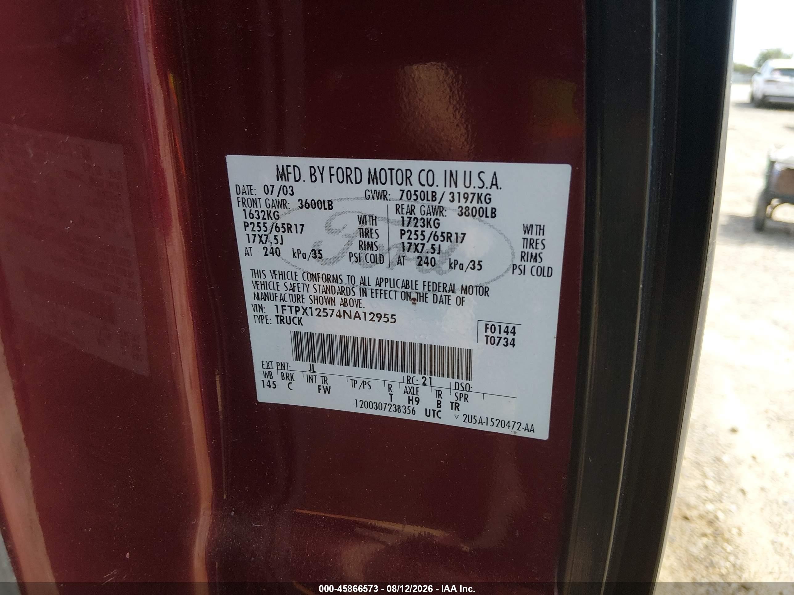 2004 Ford F-150 Lariat/xl/xlt Burgundy vin: 1FTPX12574NA12955