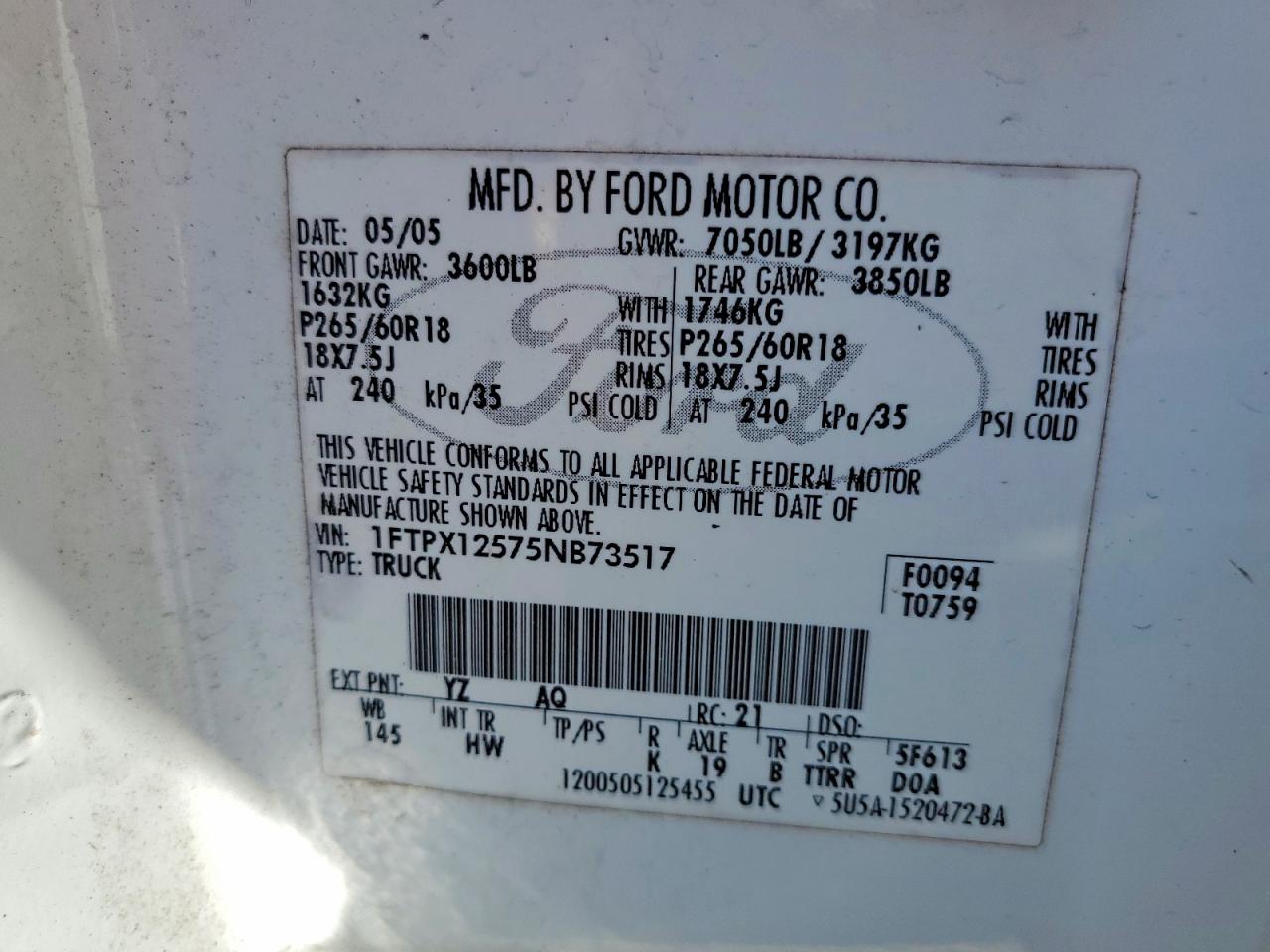 2005 Ford F-150 White vin: 1FTPX12575NB73517