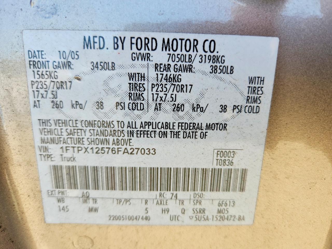 2006 Ford F150 Tan vin: 1FTPX12576FA27033