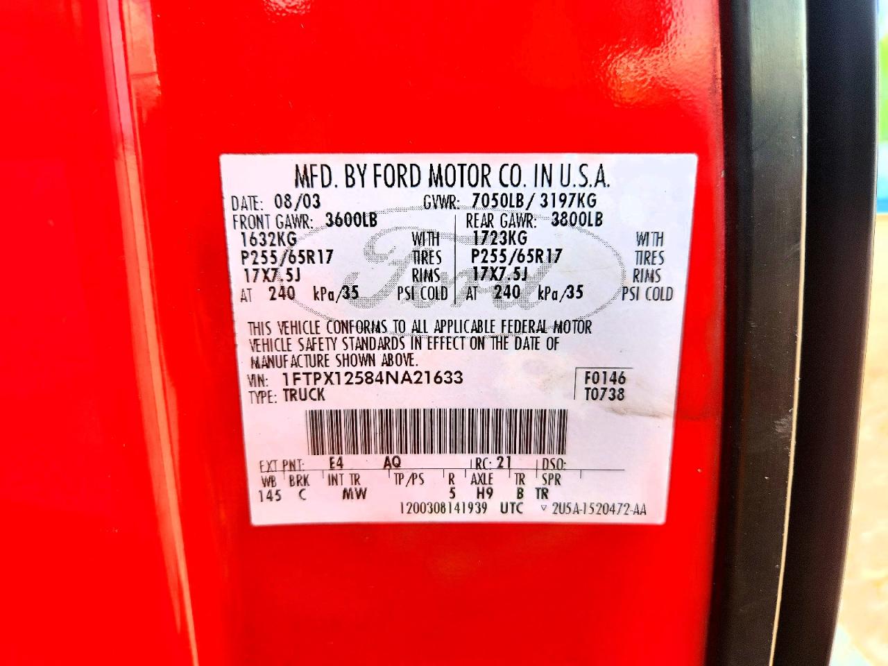 2004 Ford F150 Red vin: 1FTPX12584NA21633