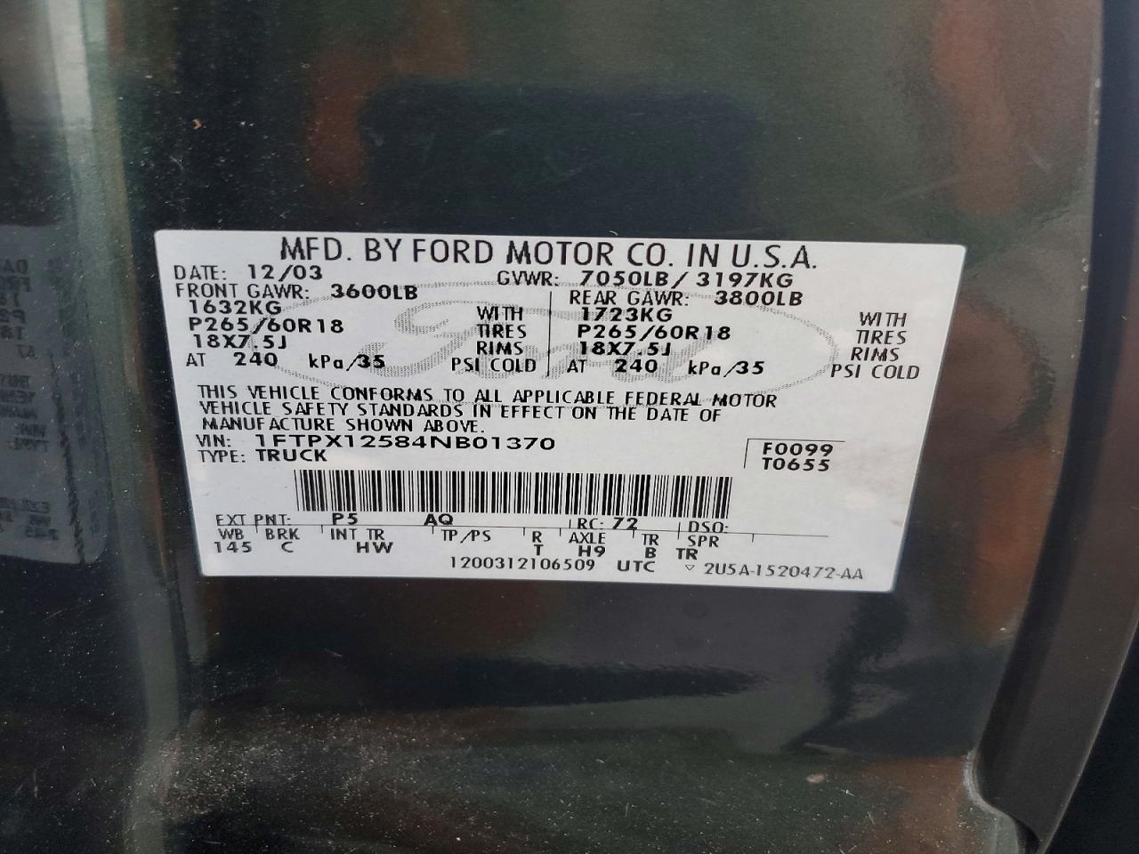 2004 Ford F150 Green vin: 1FTPX12584NB01370