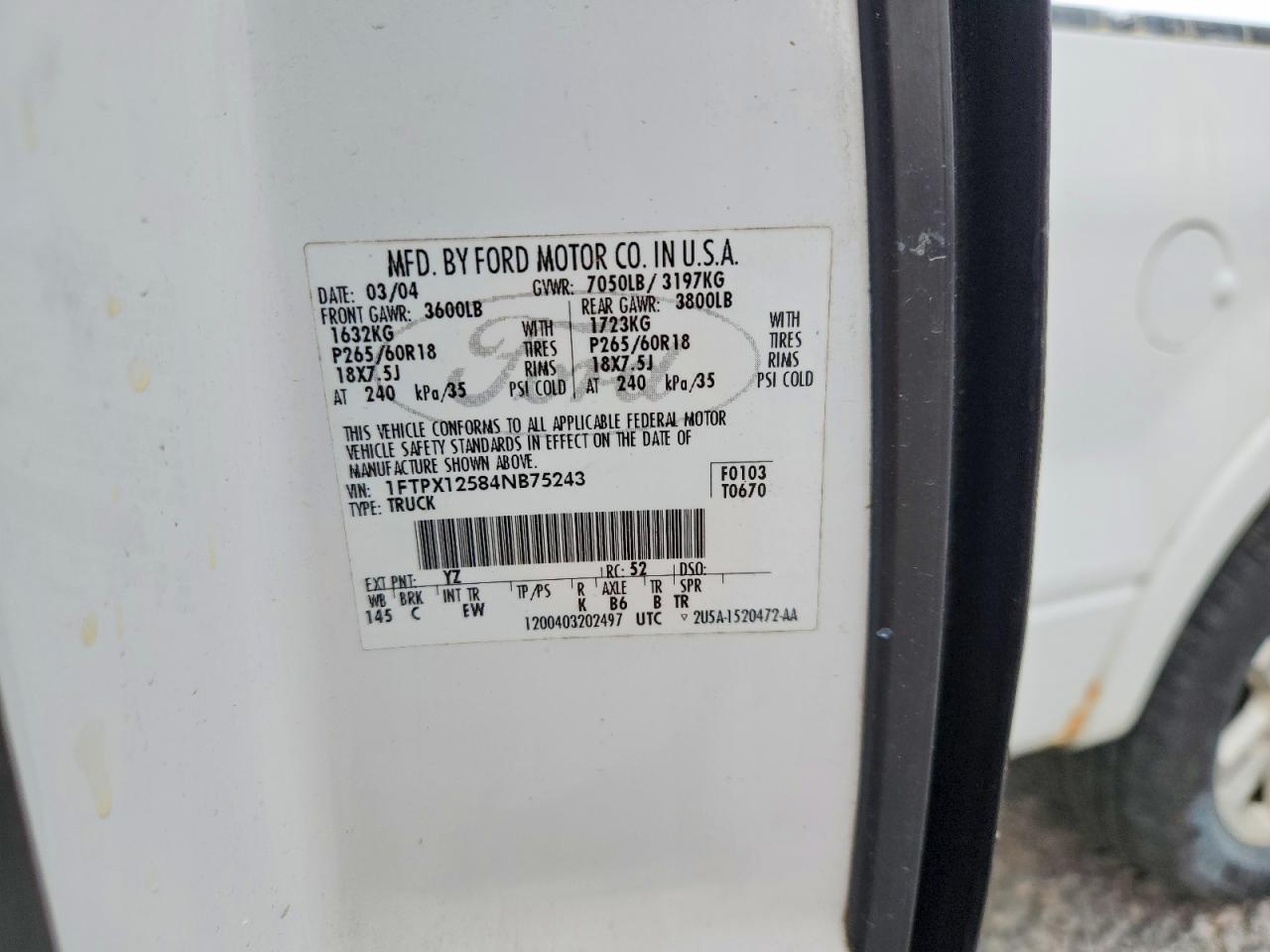 2004 Ford F150 Белый vin: 1FTPX12584NB75243