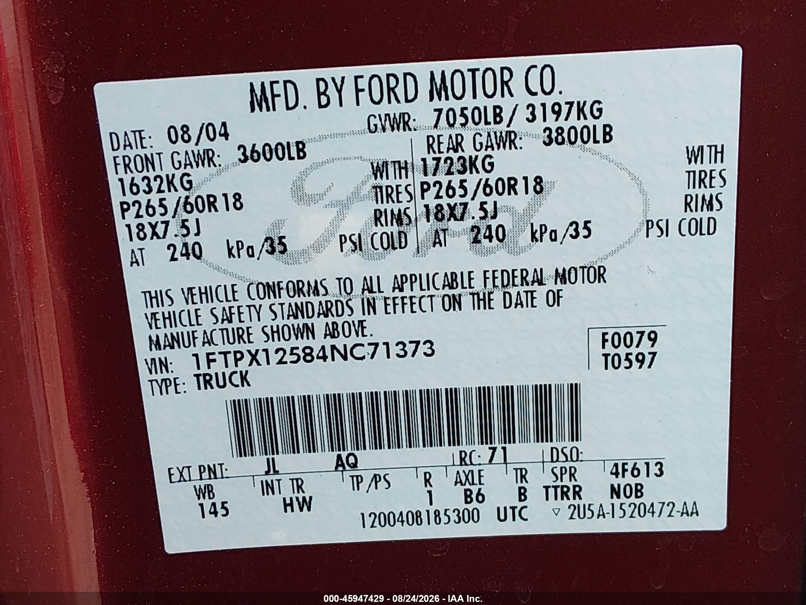 2004 Ford F-150 Lariat/xl/xlt Бордовый vin: 1FTPX12584NC71373