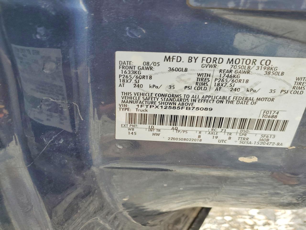 2005 Ford F150 Синий vin: 1FTPX12585FB75089