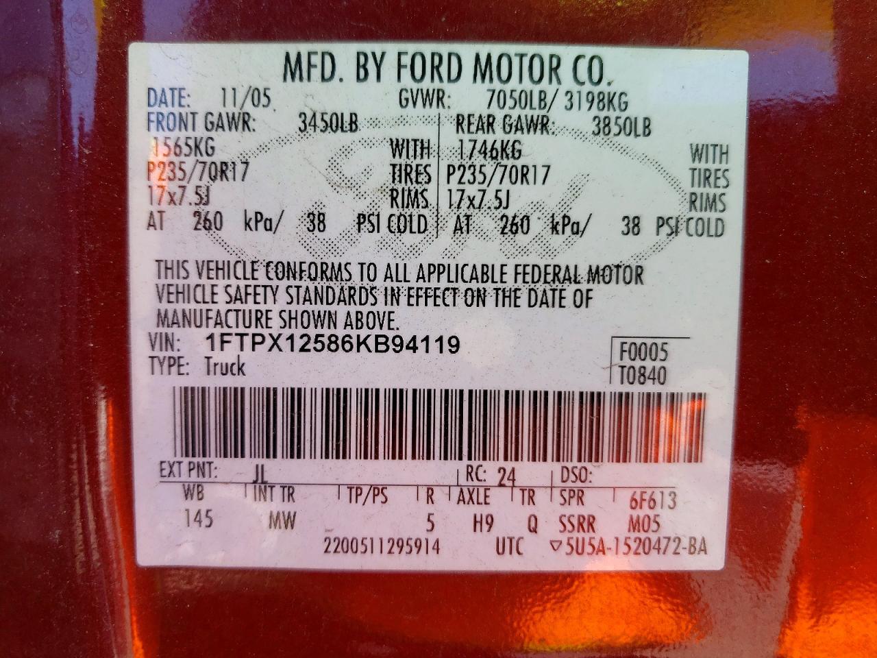 2006 Ford F150 Maroon vin: 1FTPX12586KB94119