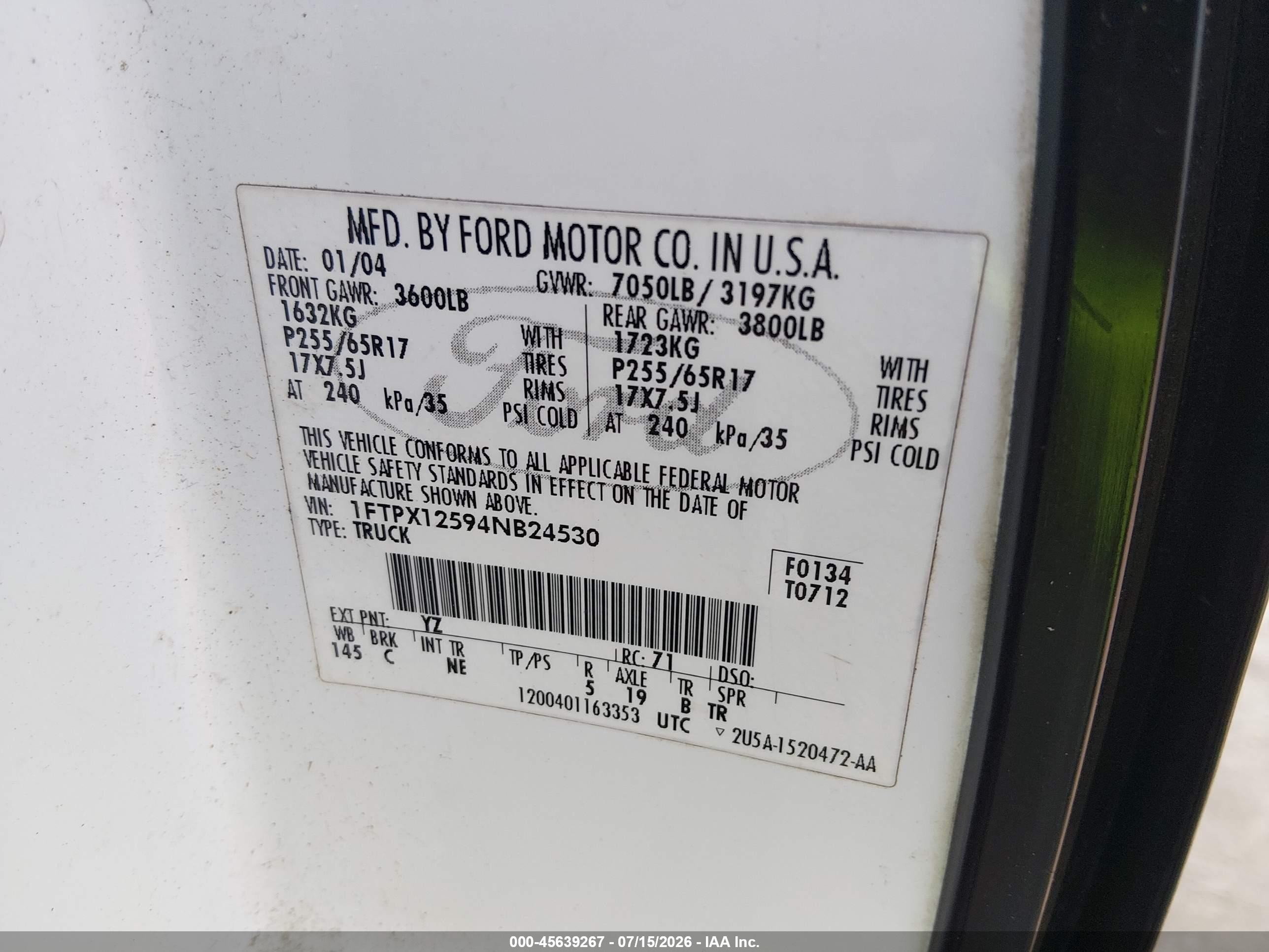 2004 Ford F-150 Lariat/xl/xlt White vin: 1FTPX12594NB24530