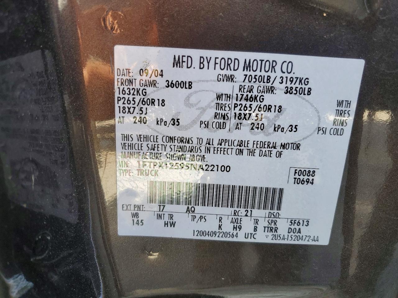 2005 Ford F150 Charcoal vin: 1FTPX12595NA22100