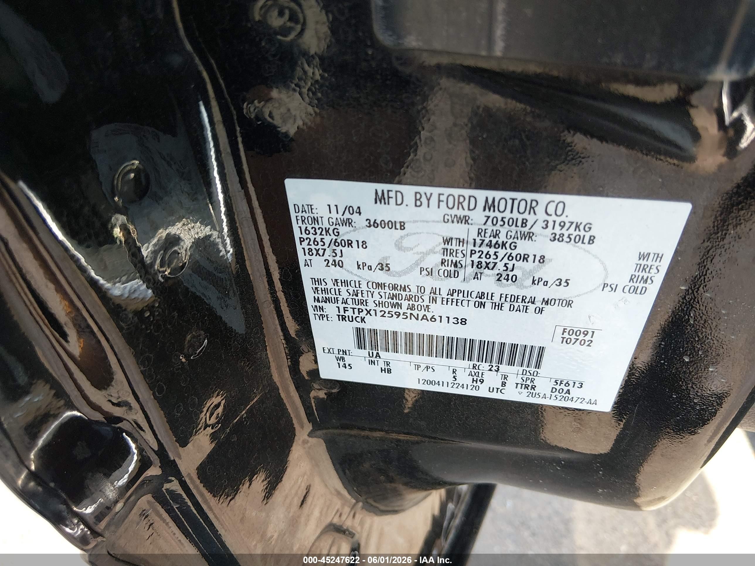 2005 Ford F-150 Lariat/xl/xlt Black vin: 1FTPX12595NA61138