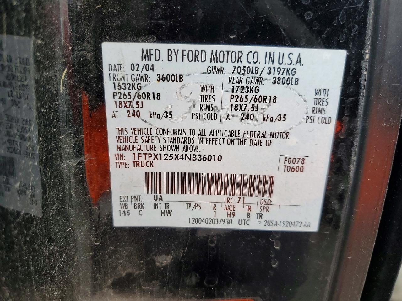 2004 Ford F150 Черный vin: 1FTPX125X4NB36010