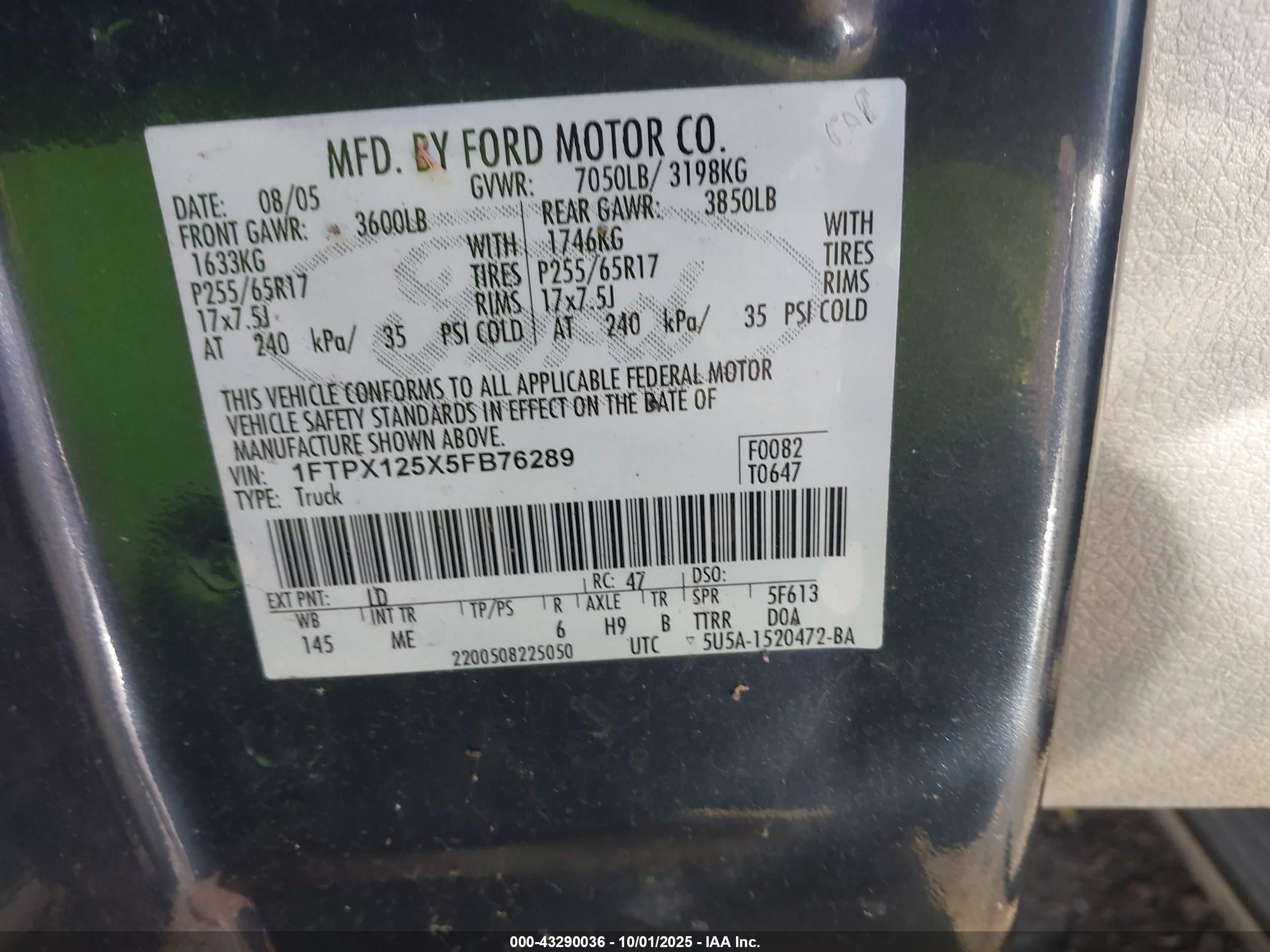 2005 Ford F-150 Lariat/xl/xlt Black vin: 1FTPX125X5FB76289