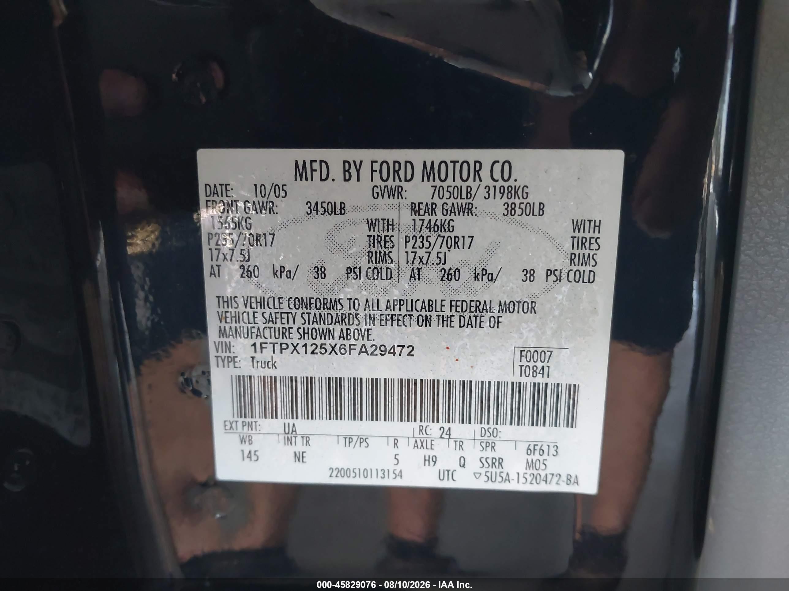 2006 Ford F-150 Lariat/xl/xlt Black vin: 1FTPX125X6FA29472