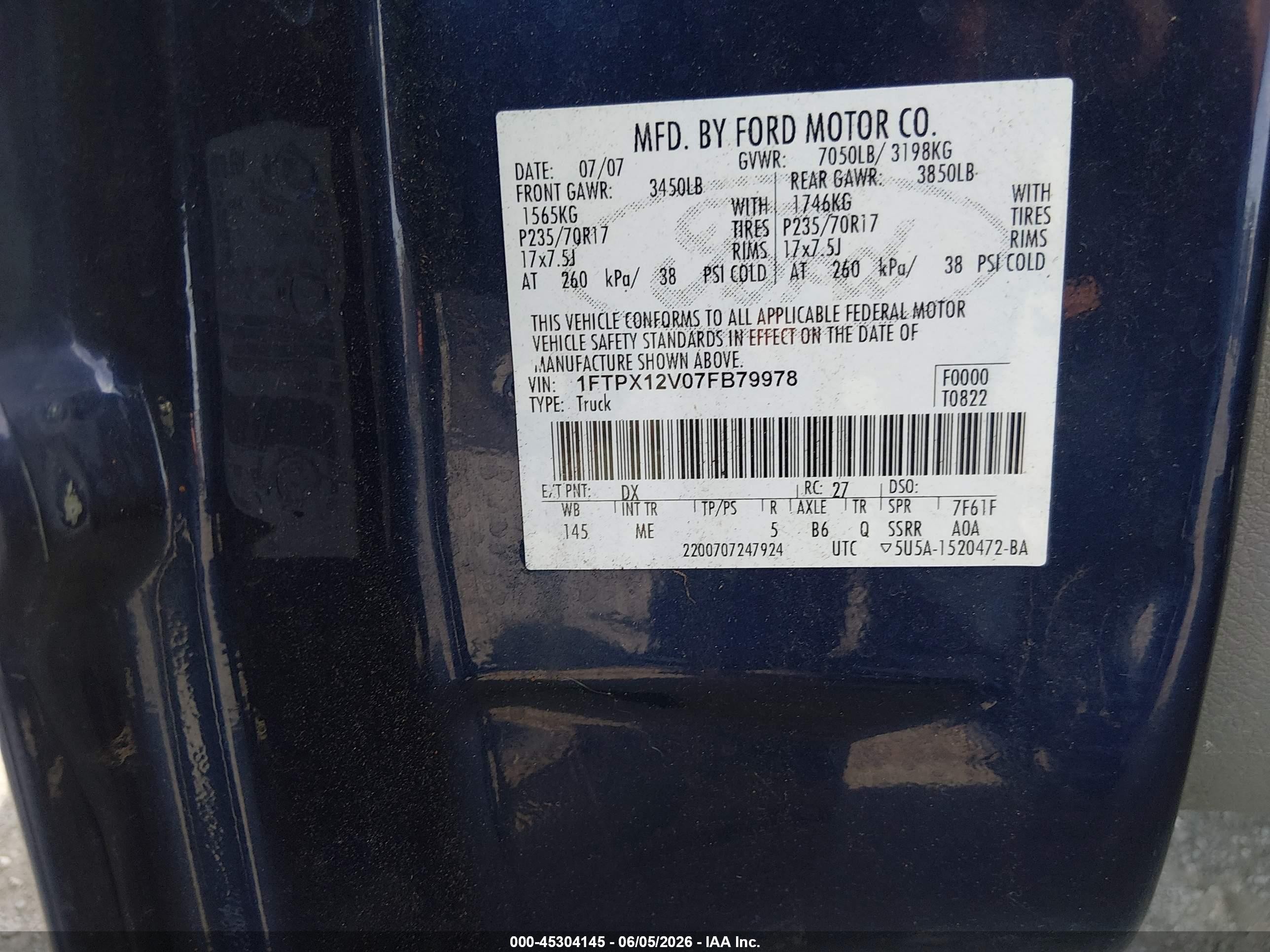 2007 Ford F-150 Lariat/stx/xl/xlt Blue vin: 1FTPX12V07FB79978