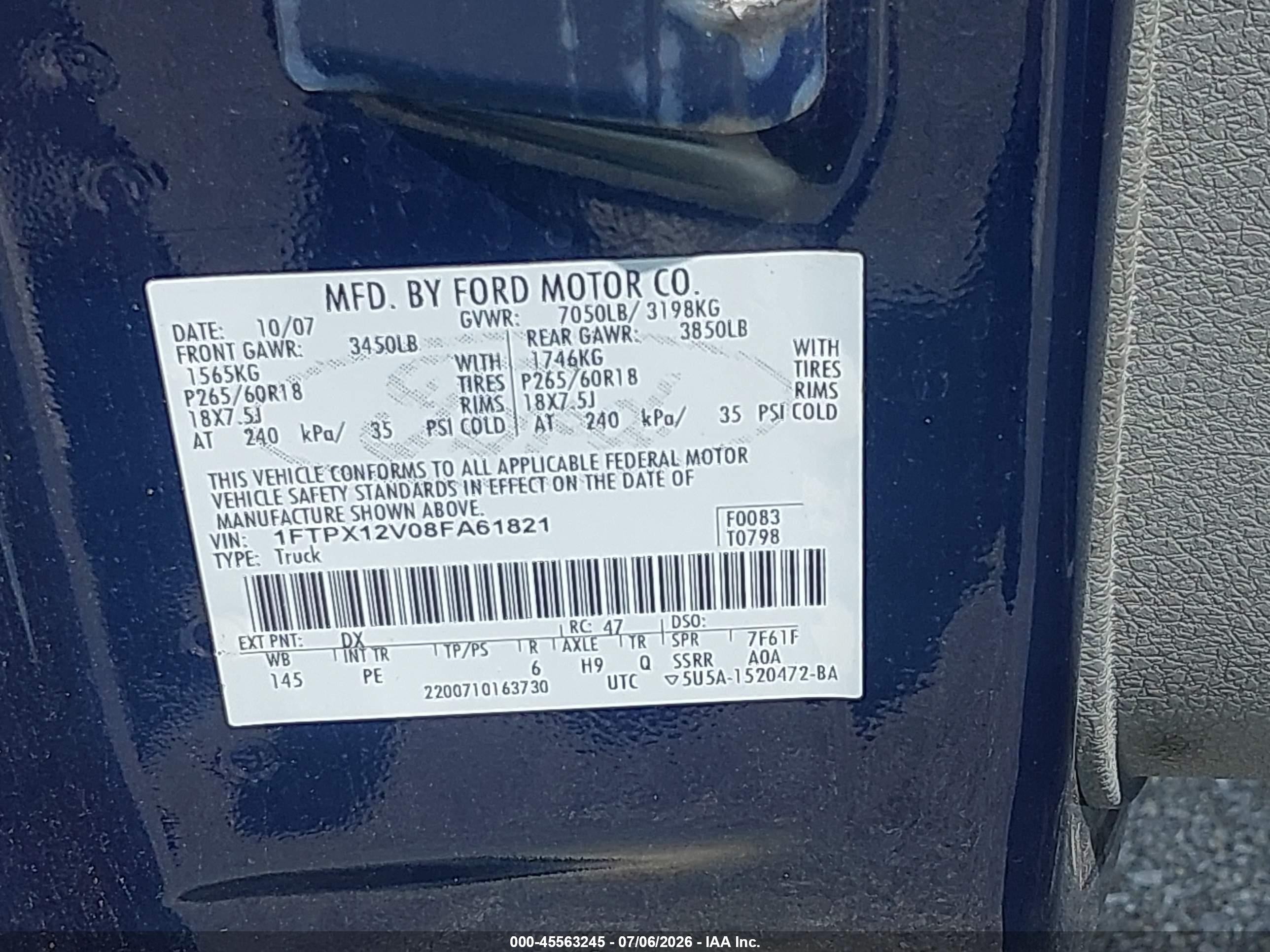 2008 Ford F-150   Dark Blue vin: 1FTPX12V08FA61821