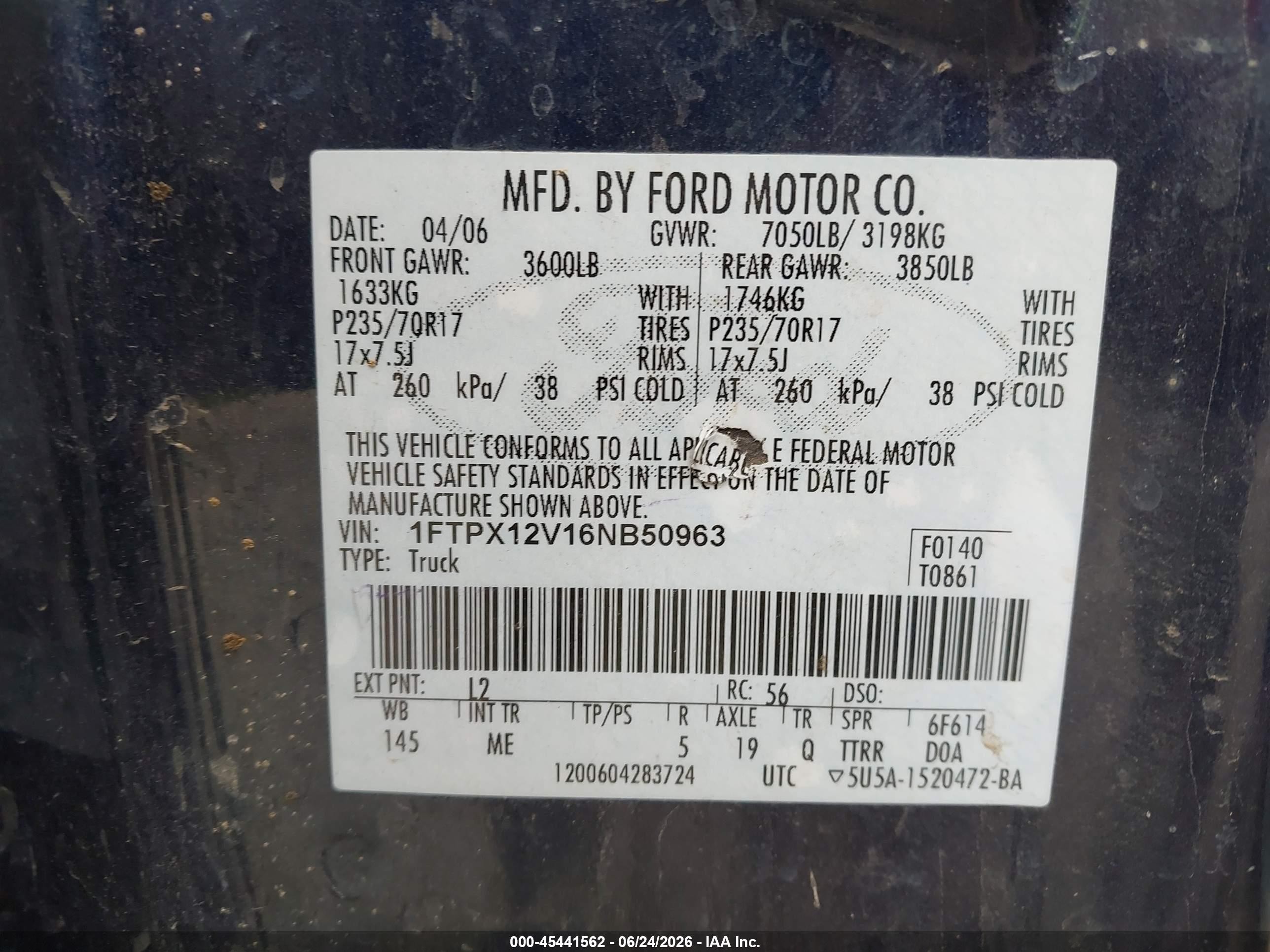 2006 Ford F-150 Lariat/xl/xlt Blue vin: 1FTPX12V16NB50963