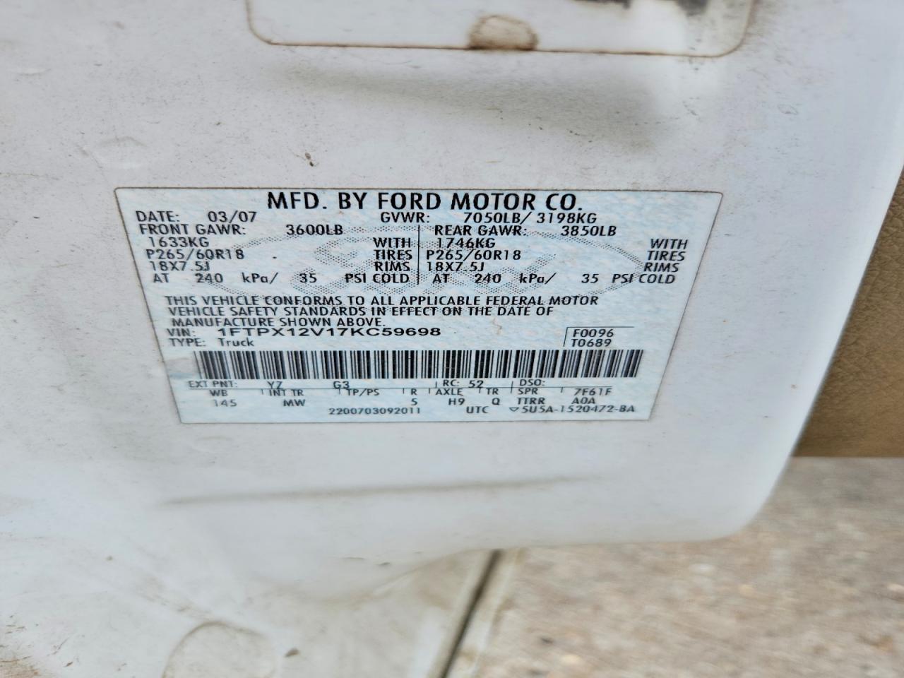 2007 Ford F150 White vin: 1FTPX12V17KC59698