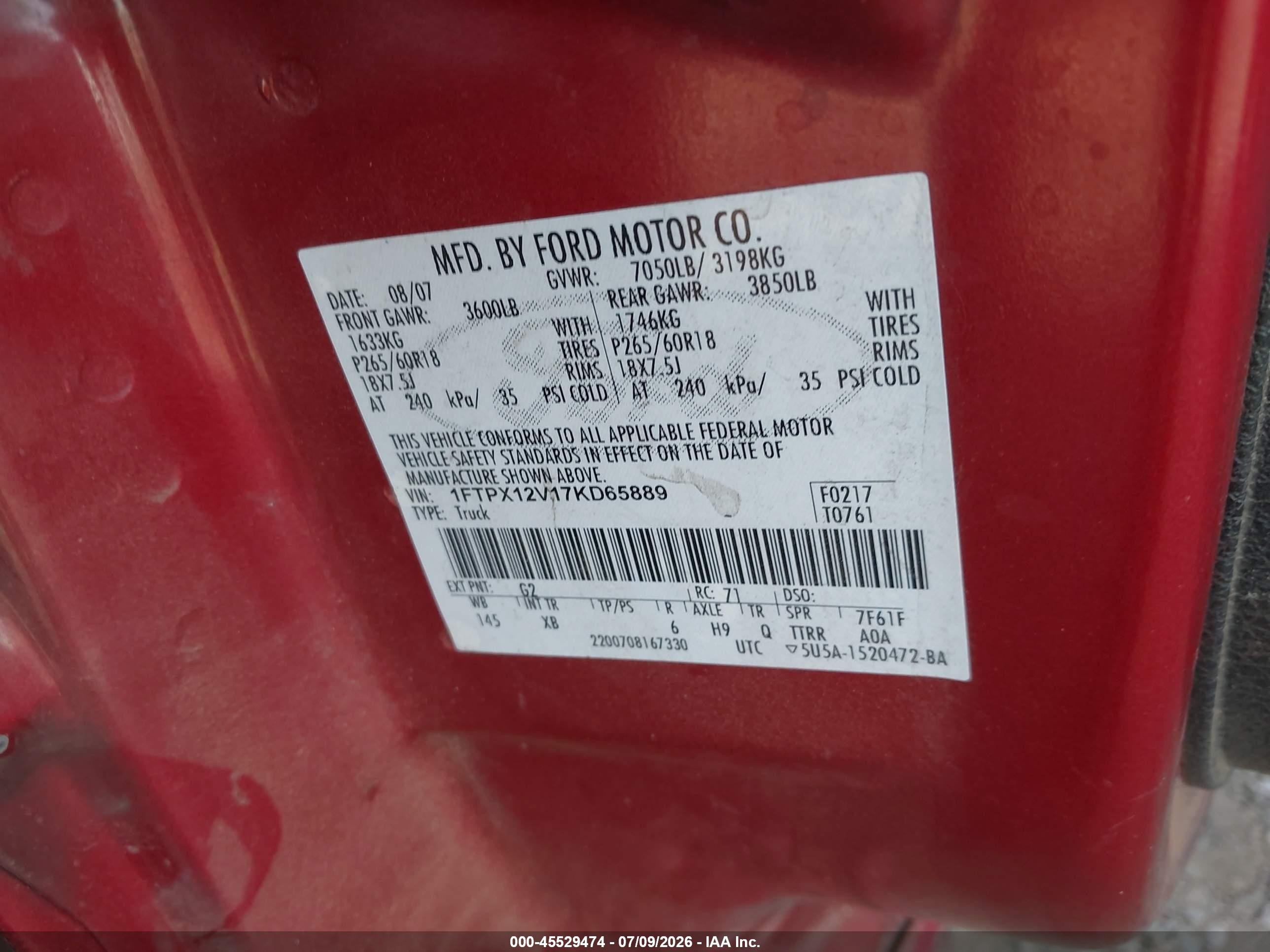 2007 Ford F-150 Lariat/stx/xl/xlt Red vin: 1FTPX12V17KD65889