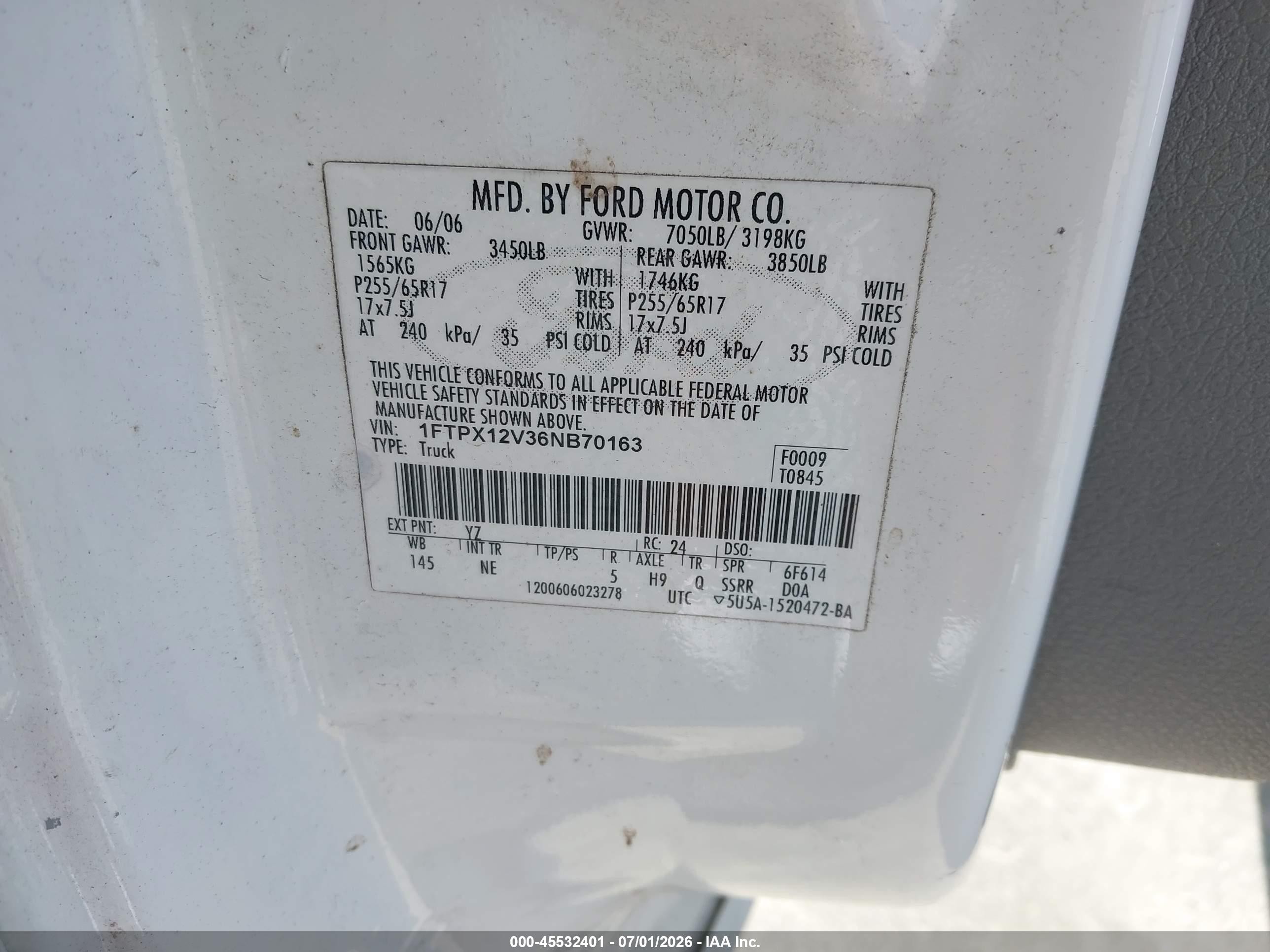2006 Ford F-150 Lariat/xl/xlt White vin: 1FTPX12V36NB70163