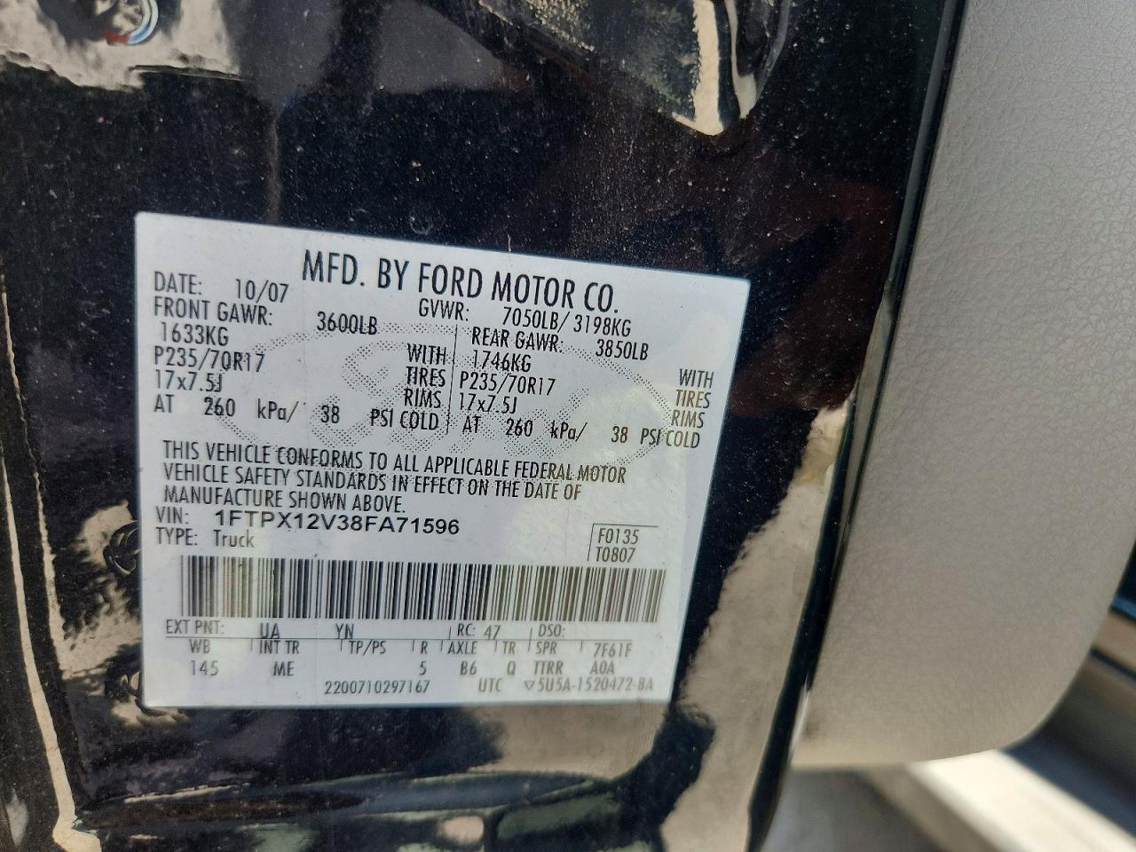2008 Ford F150 Black vin: 1FTPX12V38FA71596
