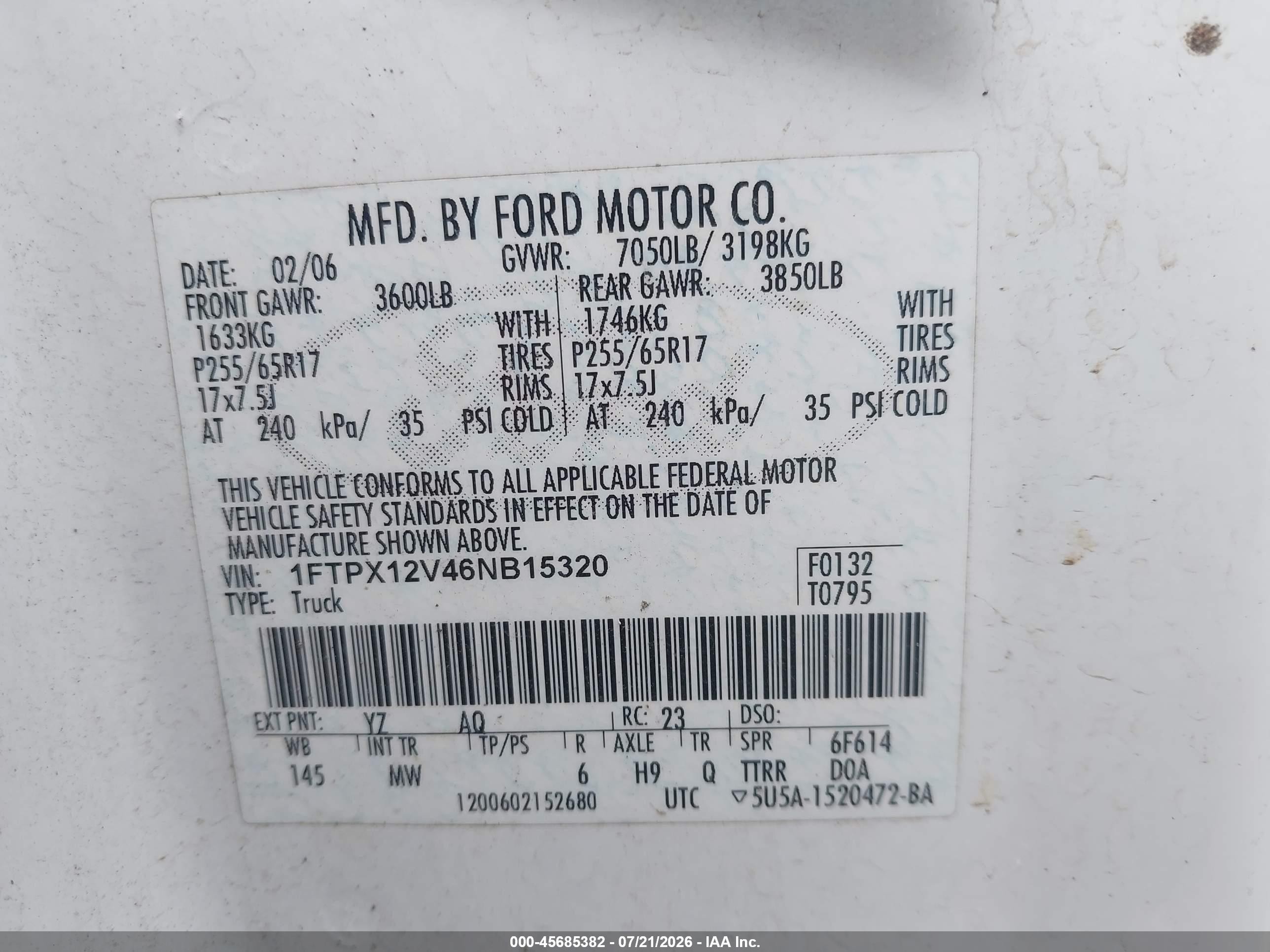 2006 Ford F-150 Lariat/xl/xlt White vin: 1FTPX12V46NB15320