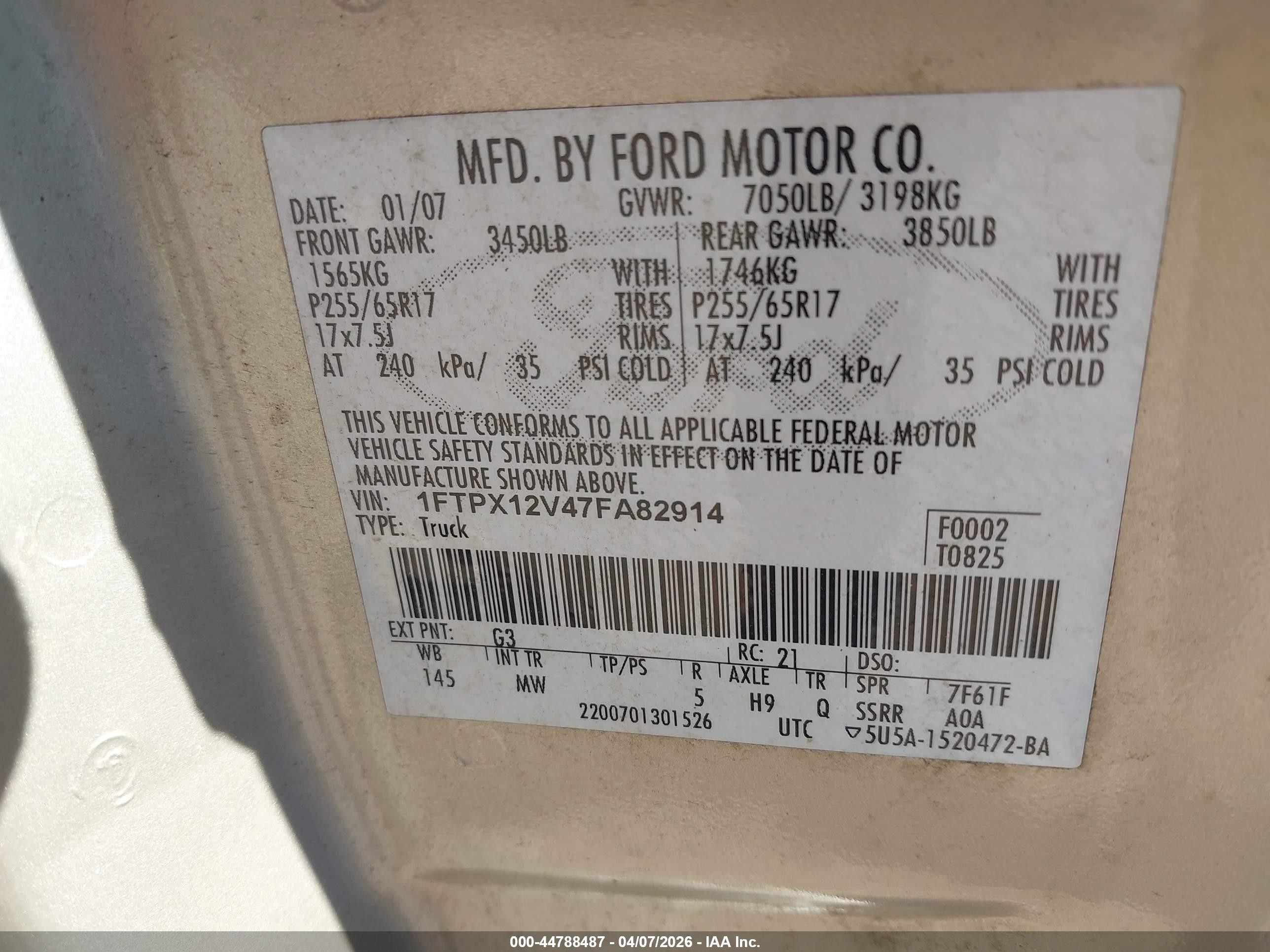 2007 Ford F-150 Lariat/stx/xl/xlt Champagne vin: 1FTPX12V47FA82914