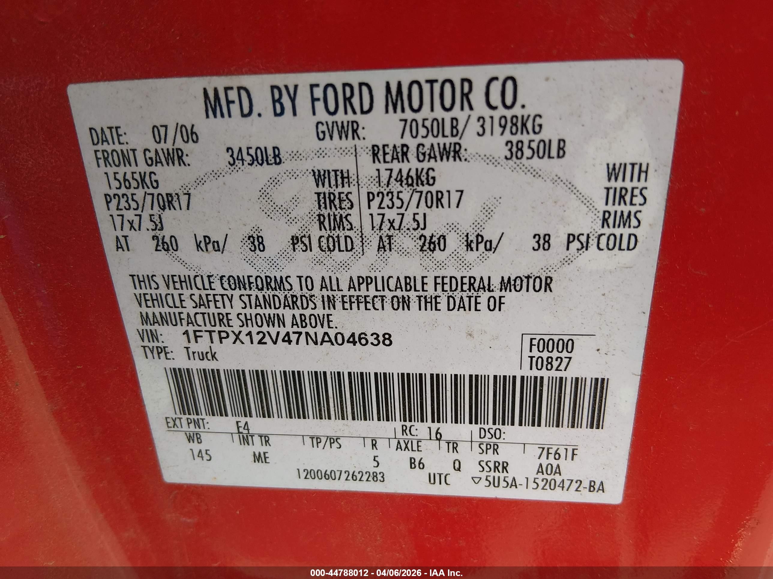 2007 Ford F-150 Lariat/stx/xl/xlt Красный vin: 1FTPX12V47NA04638