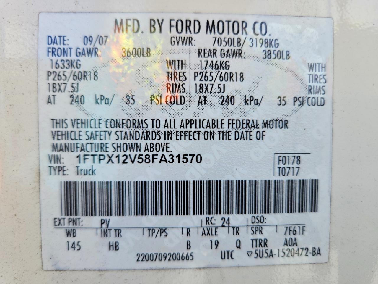 2008 Ford F150 White vin: 1FTPX12V58FA31570