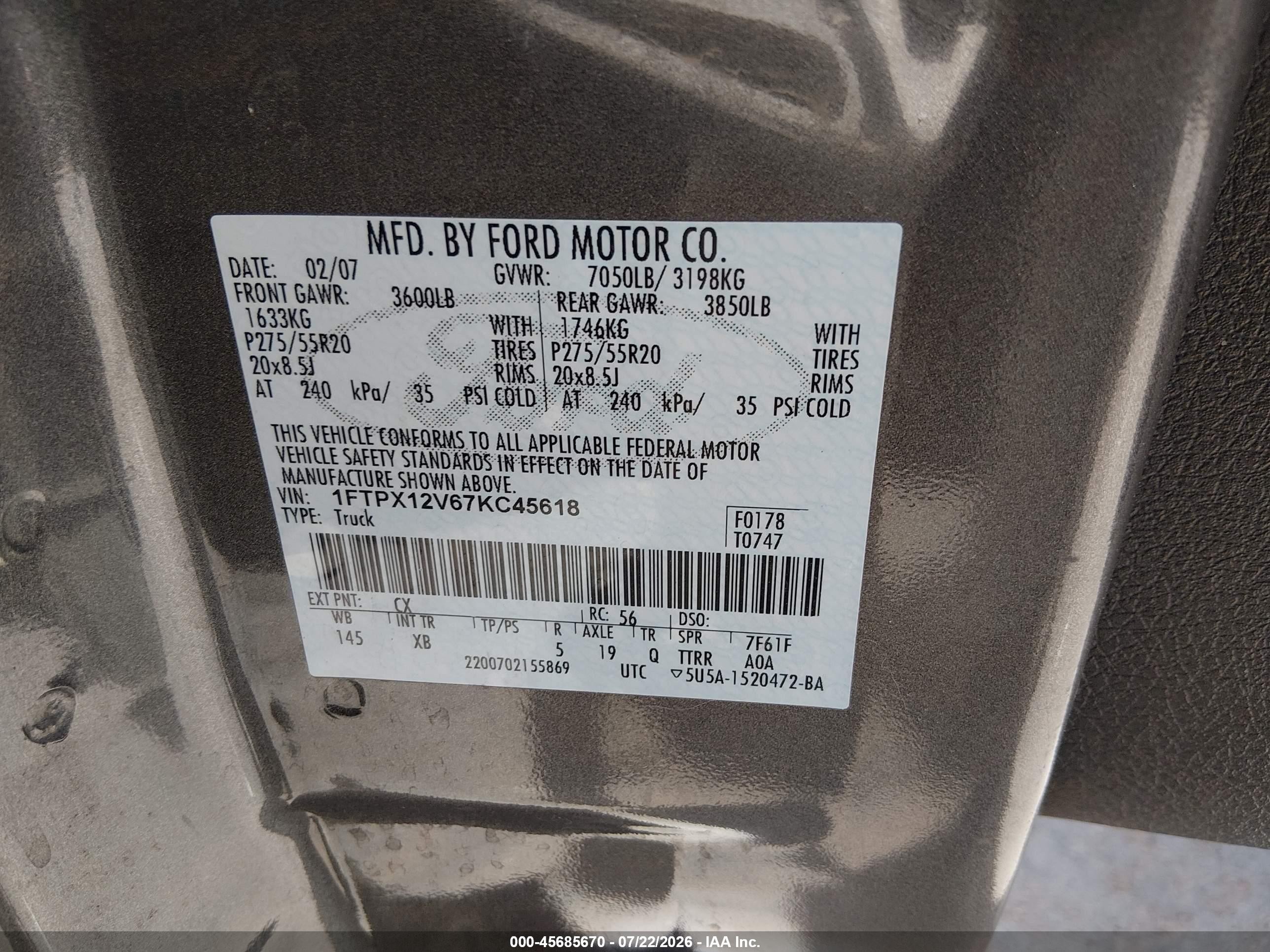 2007 Ford F-150 Lariat/stx/xl/xlt Gray vin: 1FTPX12V67KC45618