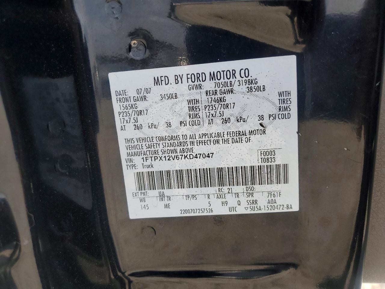2007 Ford F150 Black vin: 1FTPX12V67KD47047