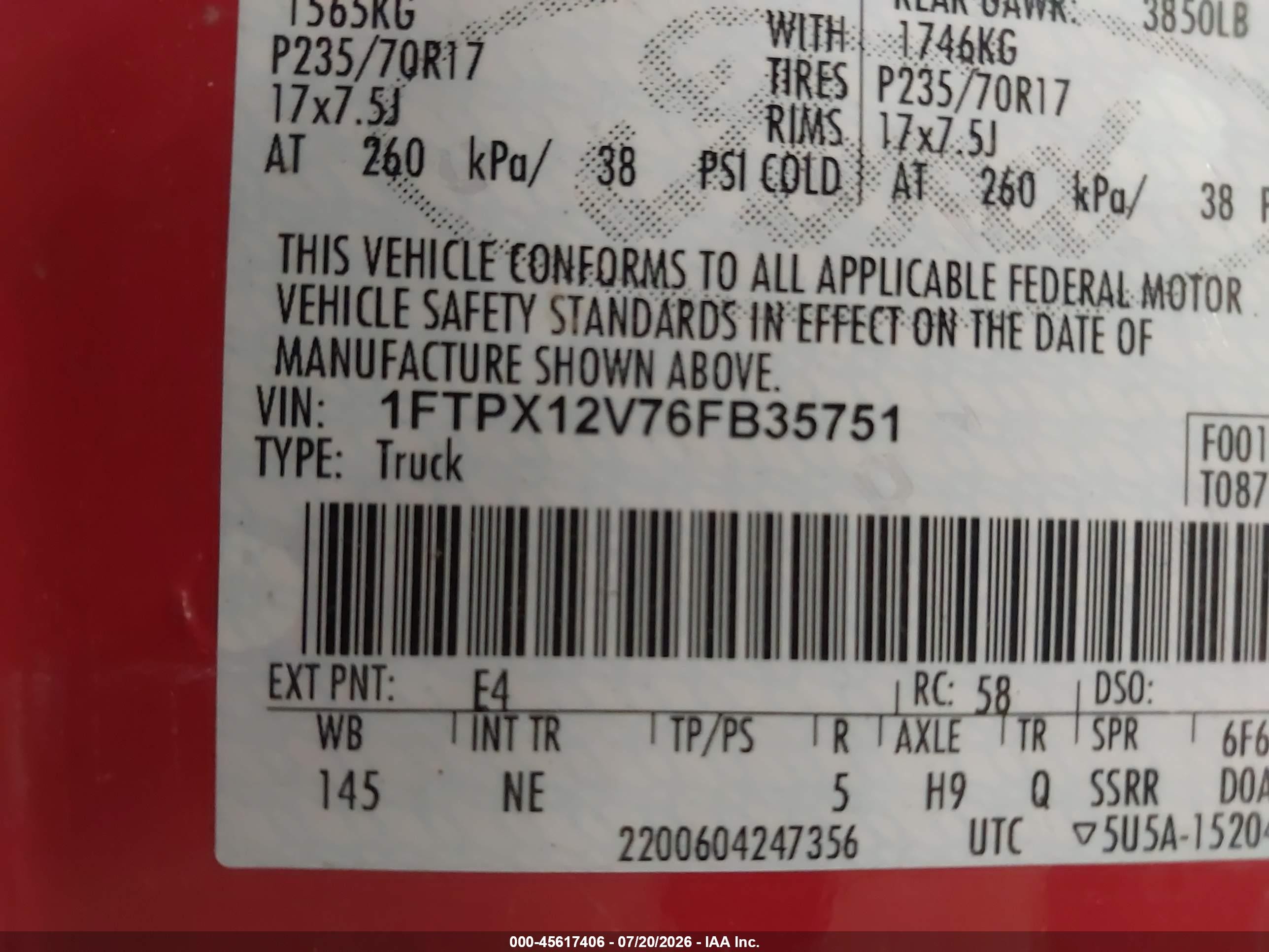 2006 Ford F-150 Lariat/xl/xlt Red vin: 1FTPX12V76FB35751
