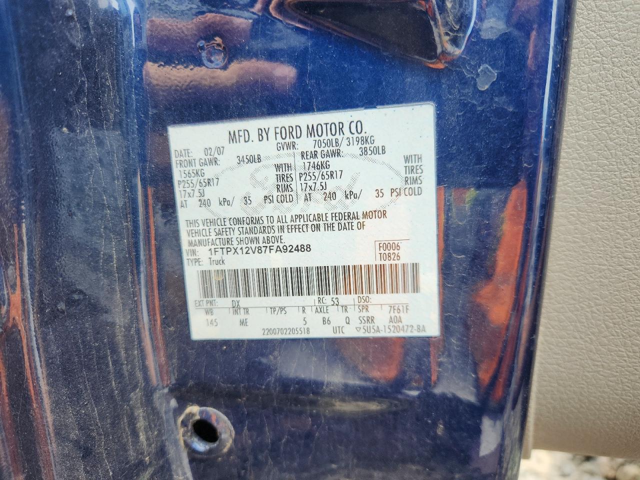 2007 Ford F150 Blue vin: 1FTPX12V87FA92488