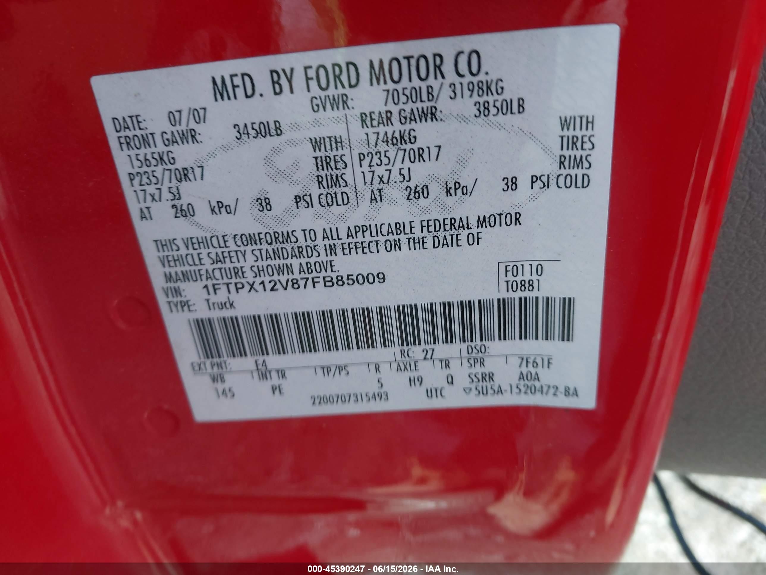 2007 Ford F-150 Lariat/stx/xl/xlt Red vin: 1FTPX12V87FB85009