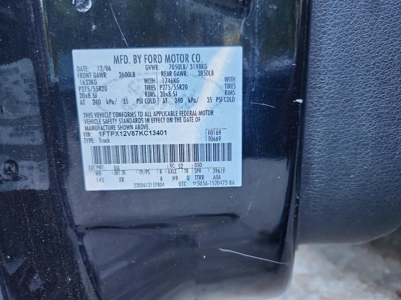 2007 Ford F150 Black vin: 1FTPX12V87KC13401