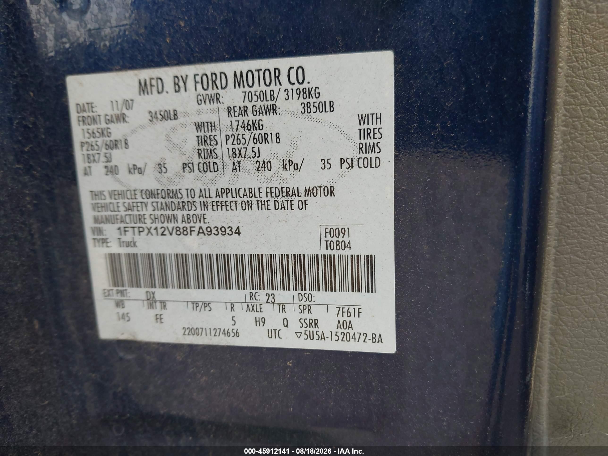 2008 Ford F-150 60th Anniversary/fx2/lariat/xl/xlt Blue vin: 1FTPX12V88FA93934