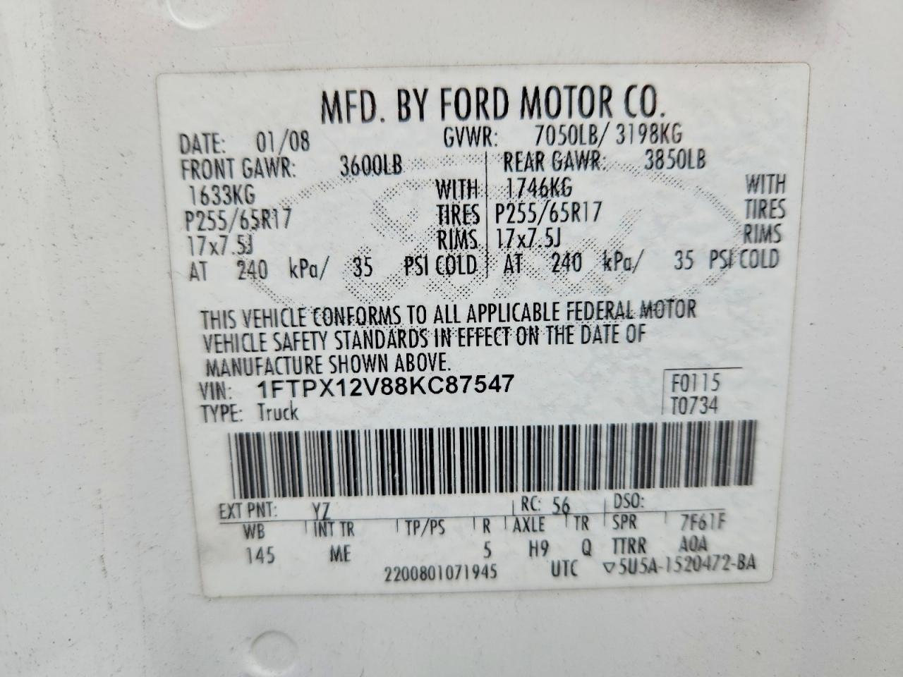 2008 Ford F150 White vin: 1FTPX12V88KC87547