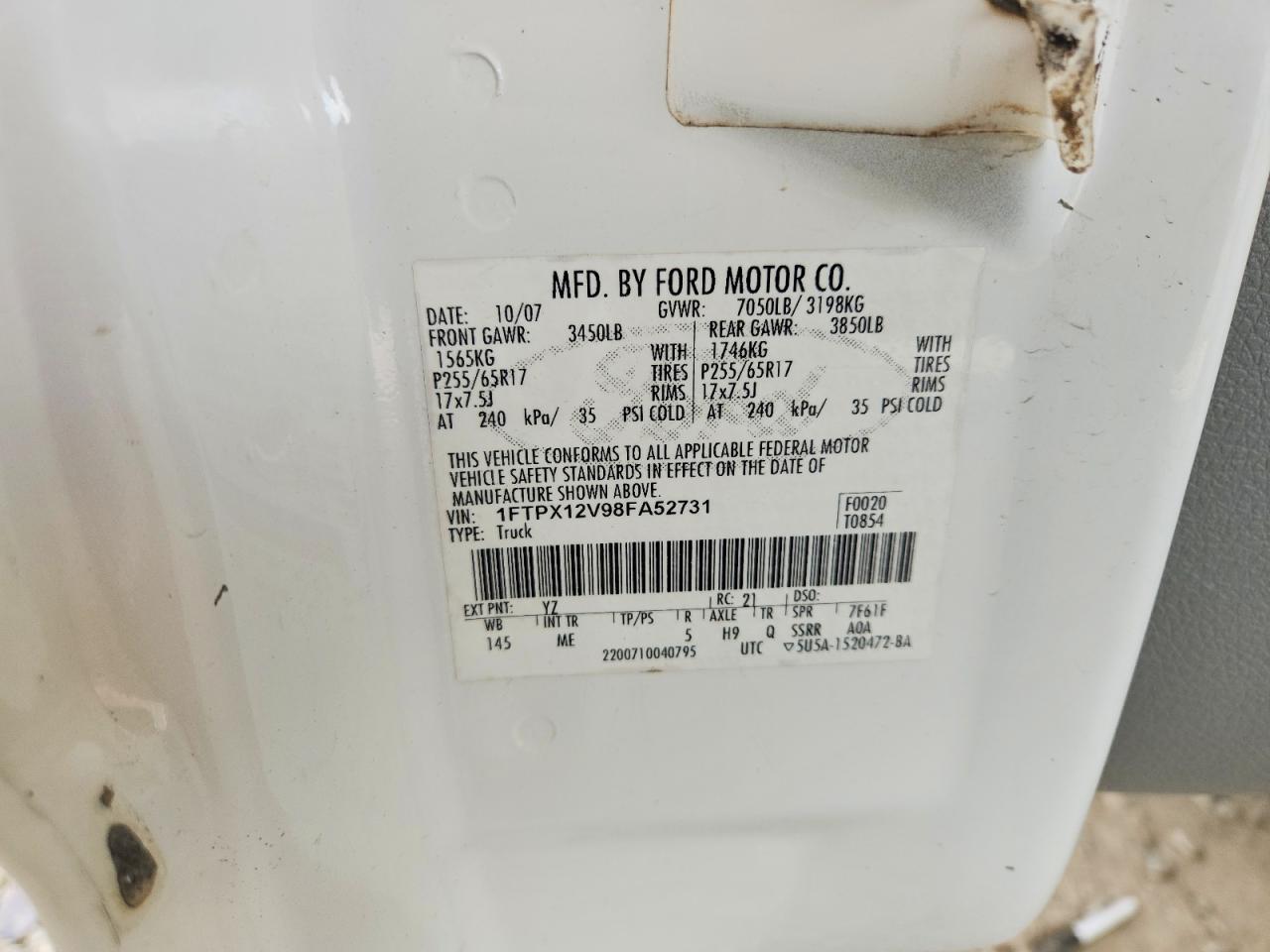 2008 Ford F150 White vin: 1FTPX12V98FA52731