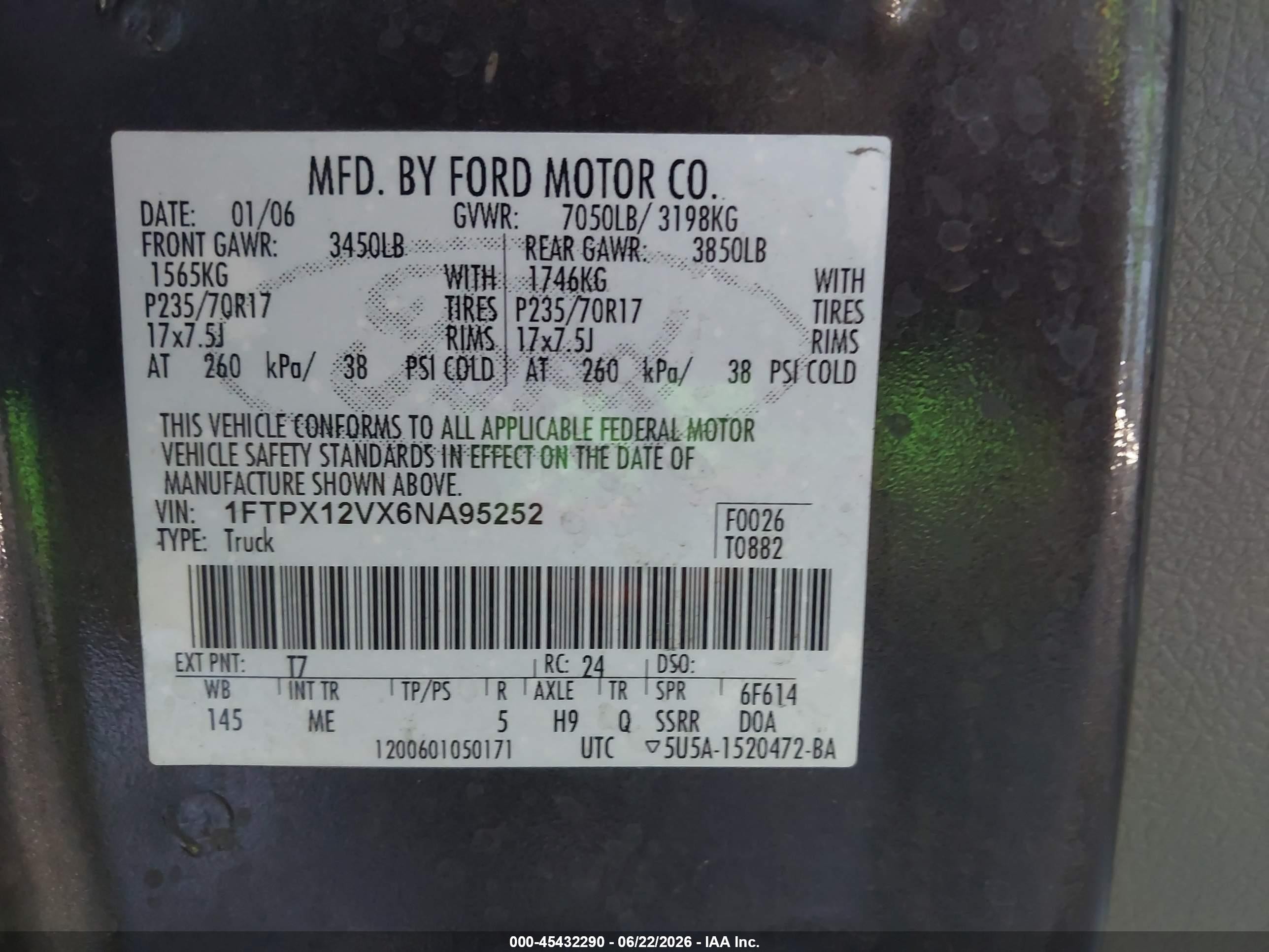 2006 Ford F-150 Lariat/xl/xlt Gray vin: 1FTPX12VX6NA95252
