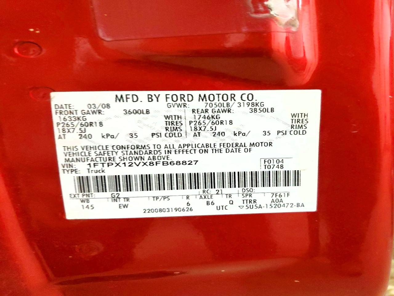 2008 Ford F150 Red vin: 1FTPX12VX8FB68827