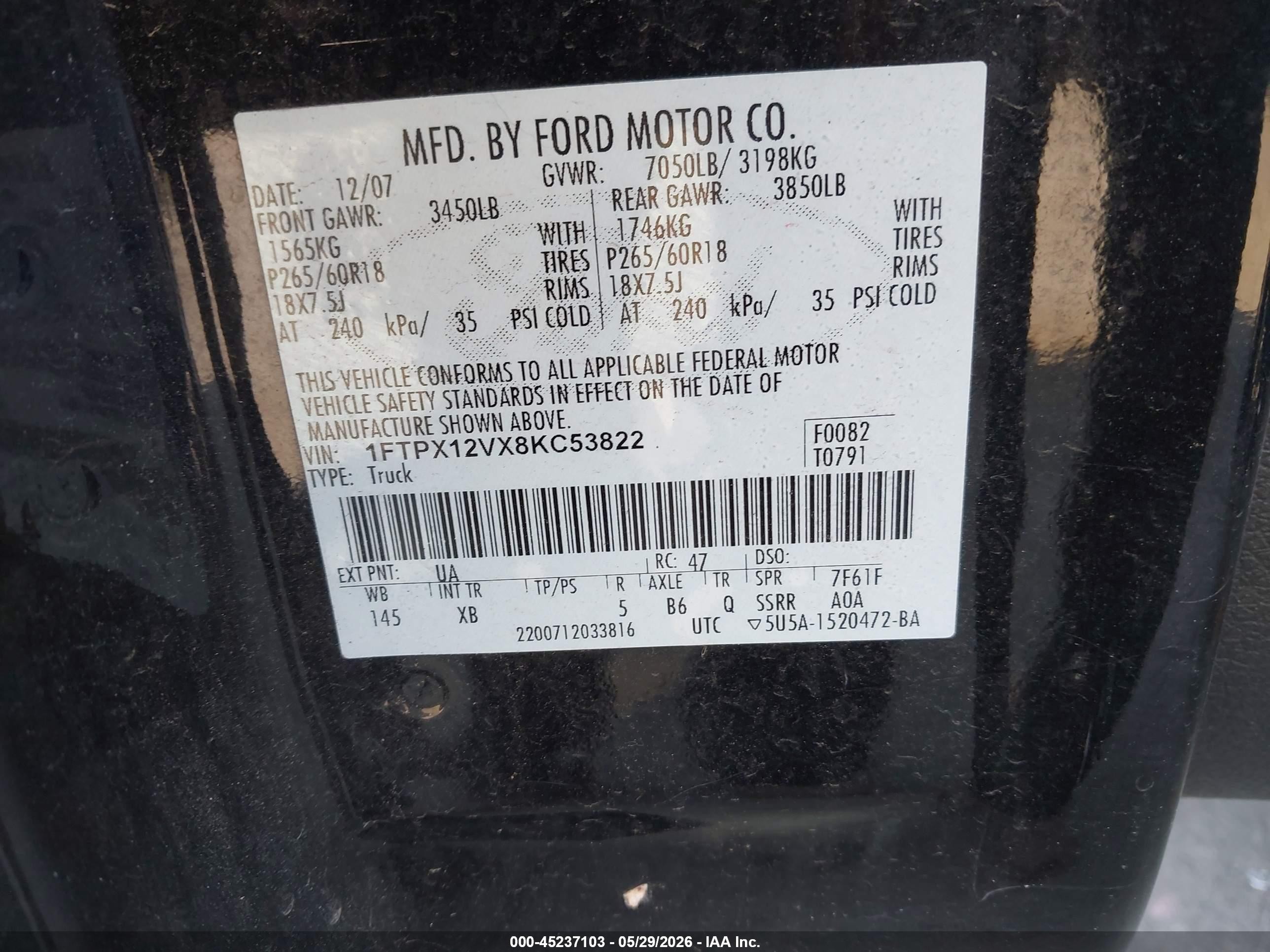 2008 Ford F-150 Xlt Black vin: 1FTPX12VX8KC53822
