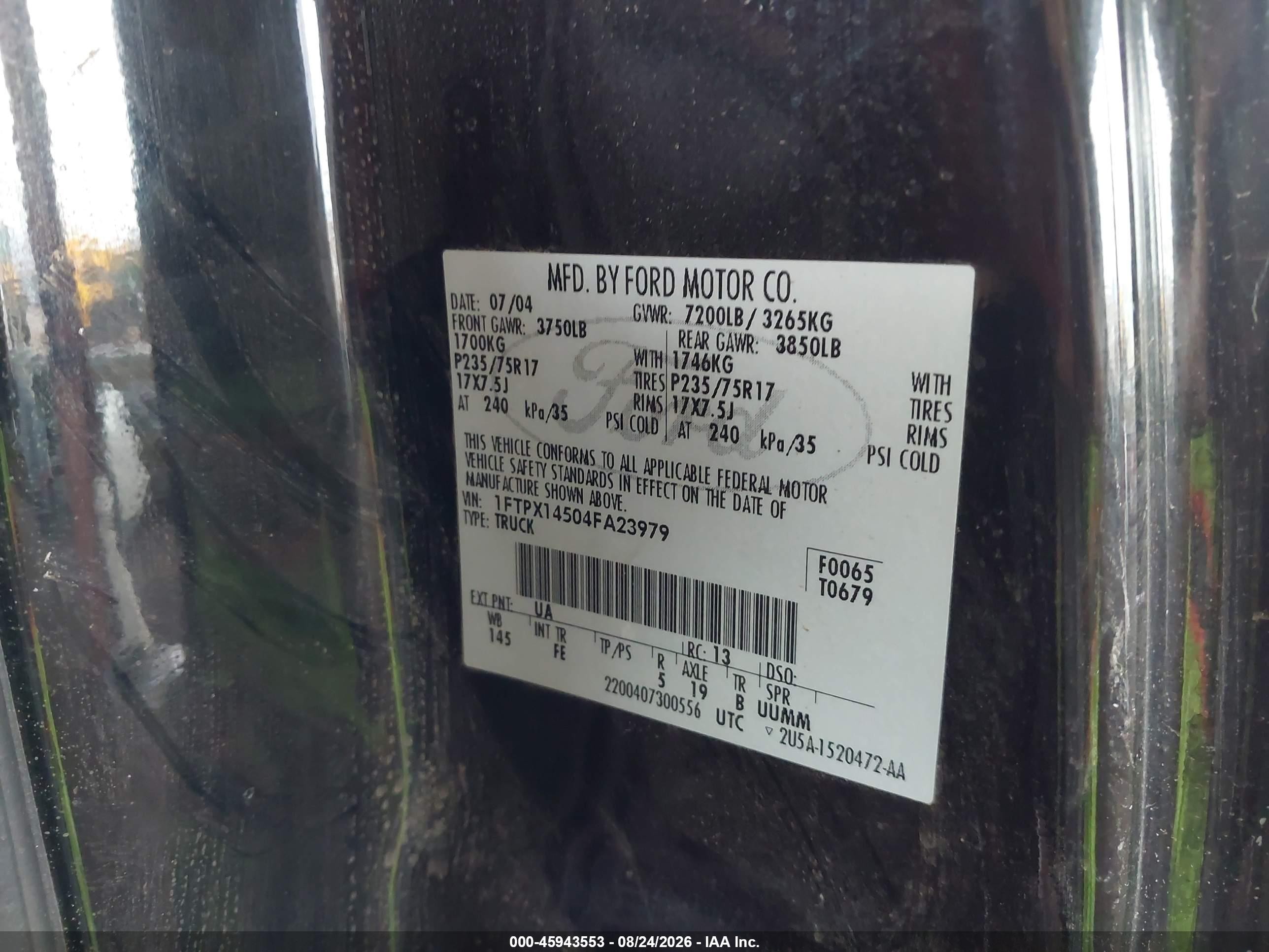 2004 Ford F-150 Fx4/lariat/xl/xlt Black vin: 1FTPX14504FA23979