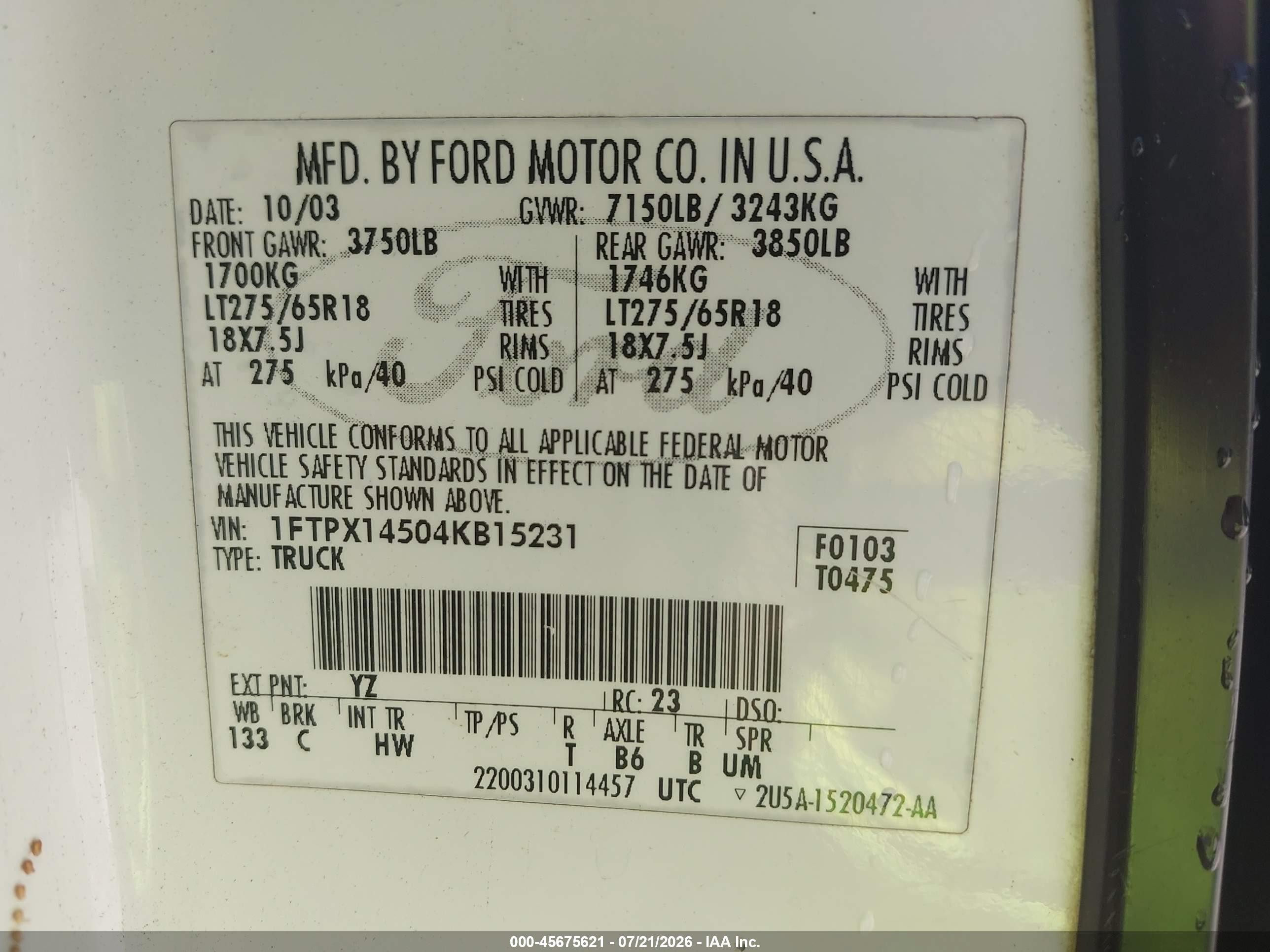 2004 Ford F-150 Fx4/lariat/xl/xlt White vin: 1FTPX14504KB15231