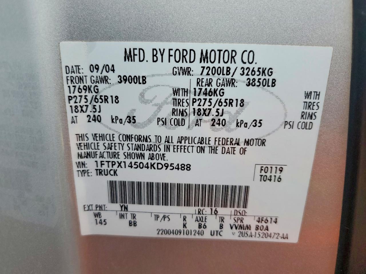 2004 Ford F150 Silver vin: 1FTPX14504KD95488