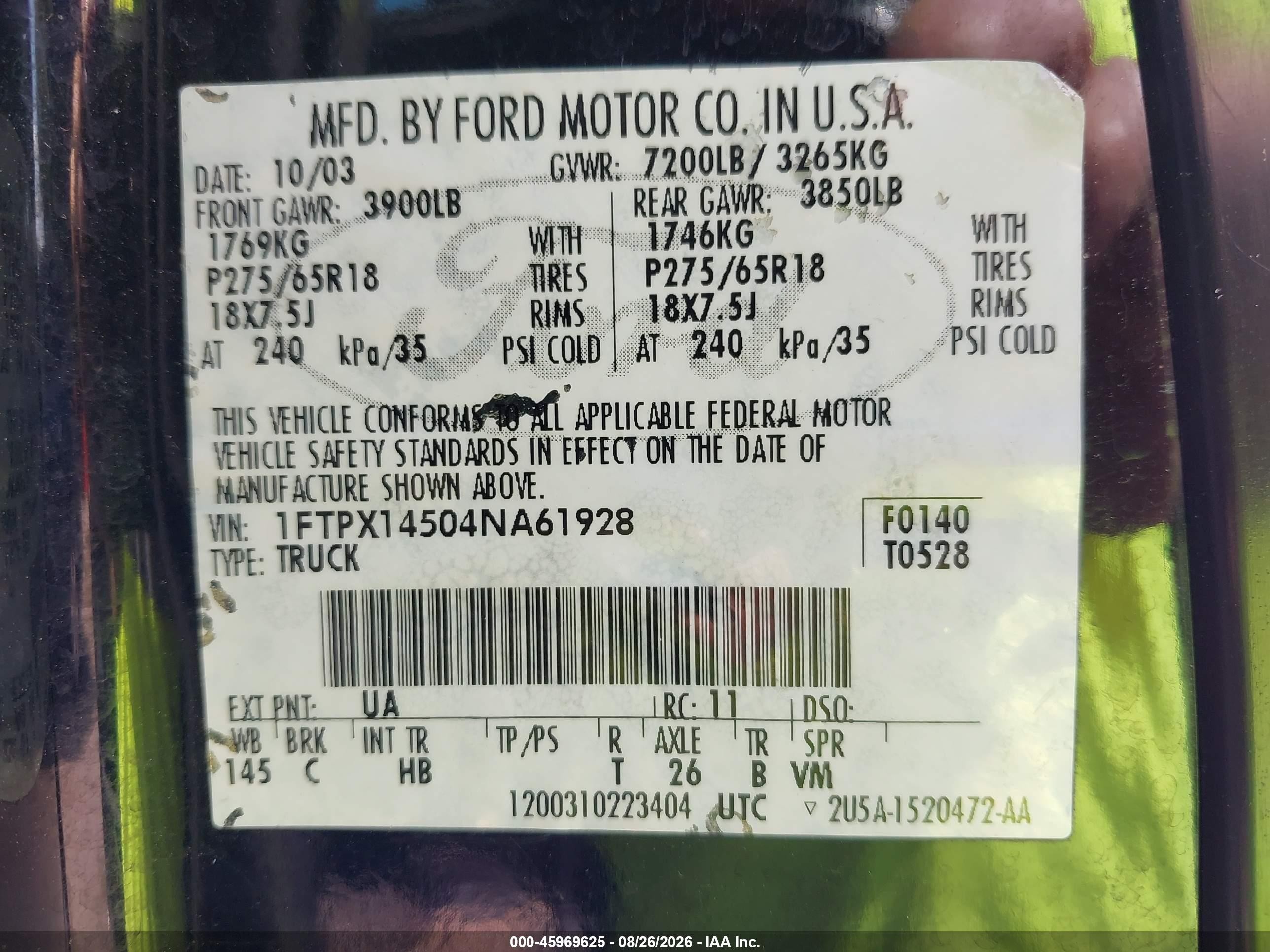 2004 Ford F150   Black vin: 1FTPX14504NA61928
